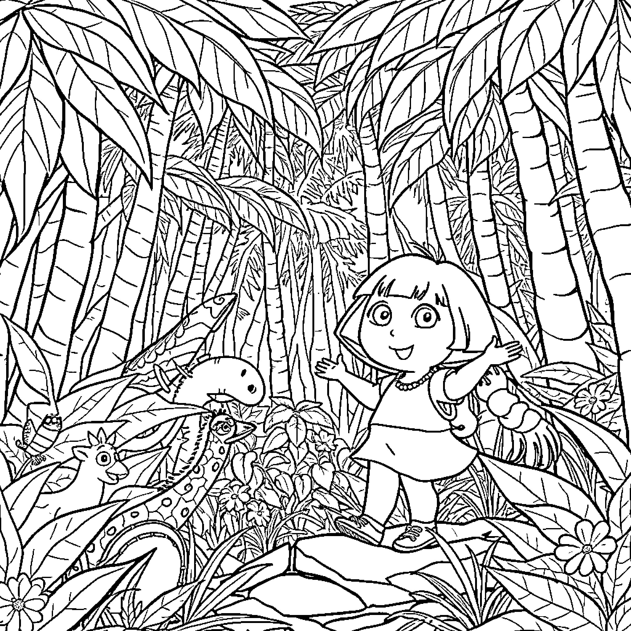 Dora Exploring the Tropical Jungle Landscape Coloring Page (free black-and-white line drawing printable PDF for all, from beginners to advanced learners, including children, teens, adults, and seniors)