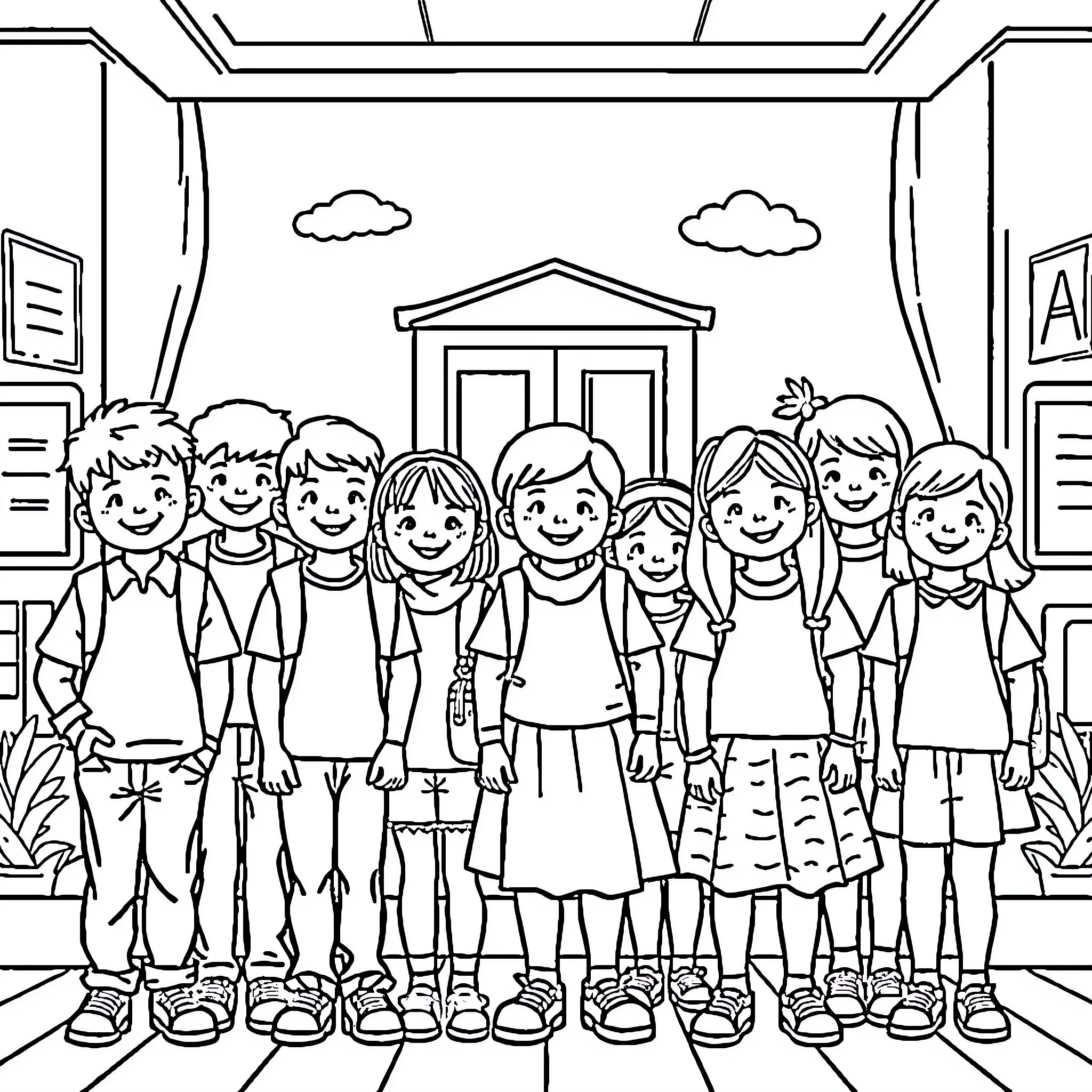 School friends pose cheerfully in classroom Coloring Page (free black-and-white line drawing printable PDF for all, from beginners to advanced learners, including children, teens, adults, and seniors)