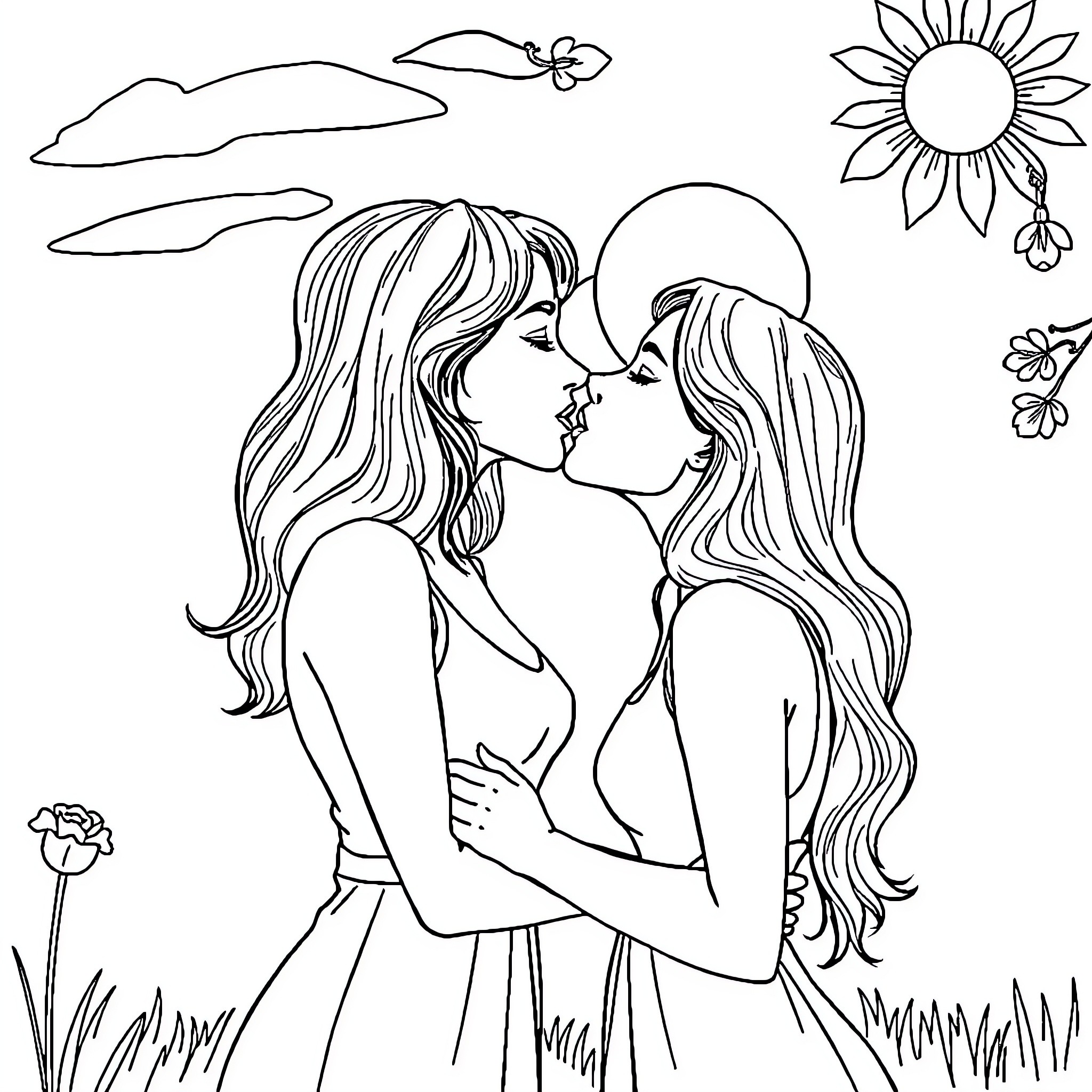 Woman embracing intimately in a floral landscape Coloring Page (free black-and-white line drawing printable PDF for all, from beginners to advanced learners, including children, teens, adults, and seniors)