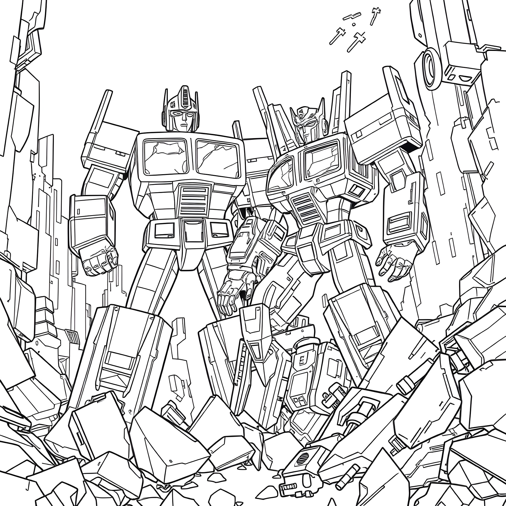 Optimus Prime leading the Autobots in battle against the Decepticons Coloring Page (free black-and-white line drawing printable PDF for all, from beginners to advanced learners, including children, teens, adults, and seniors)