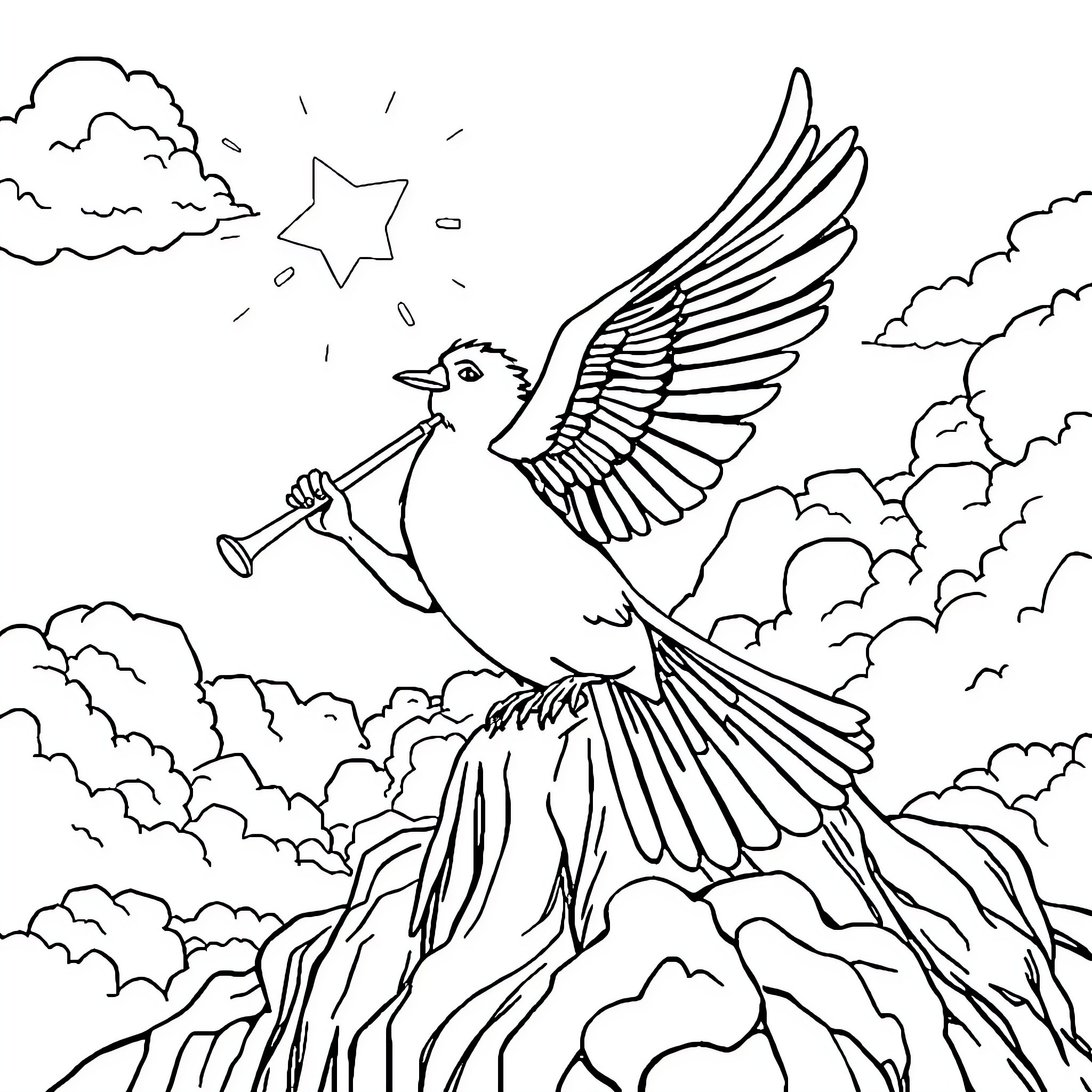 Angel Bird Soaring Proudly in the Clouds Coloring Page (free black-and-white line drawing printable PDF for all, from beginners to advanced learners, including children, teens, adults, and seniors)
