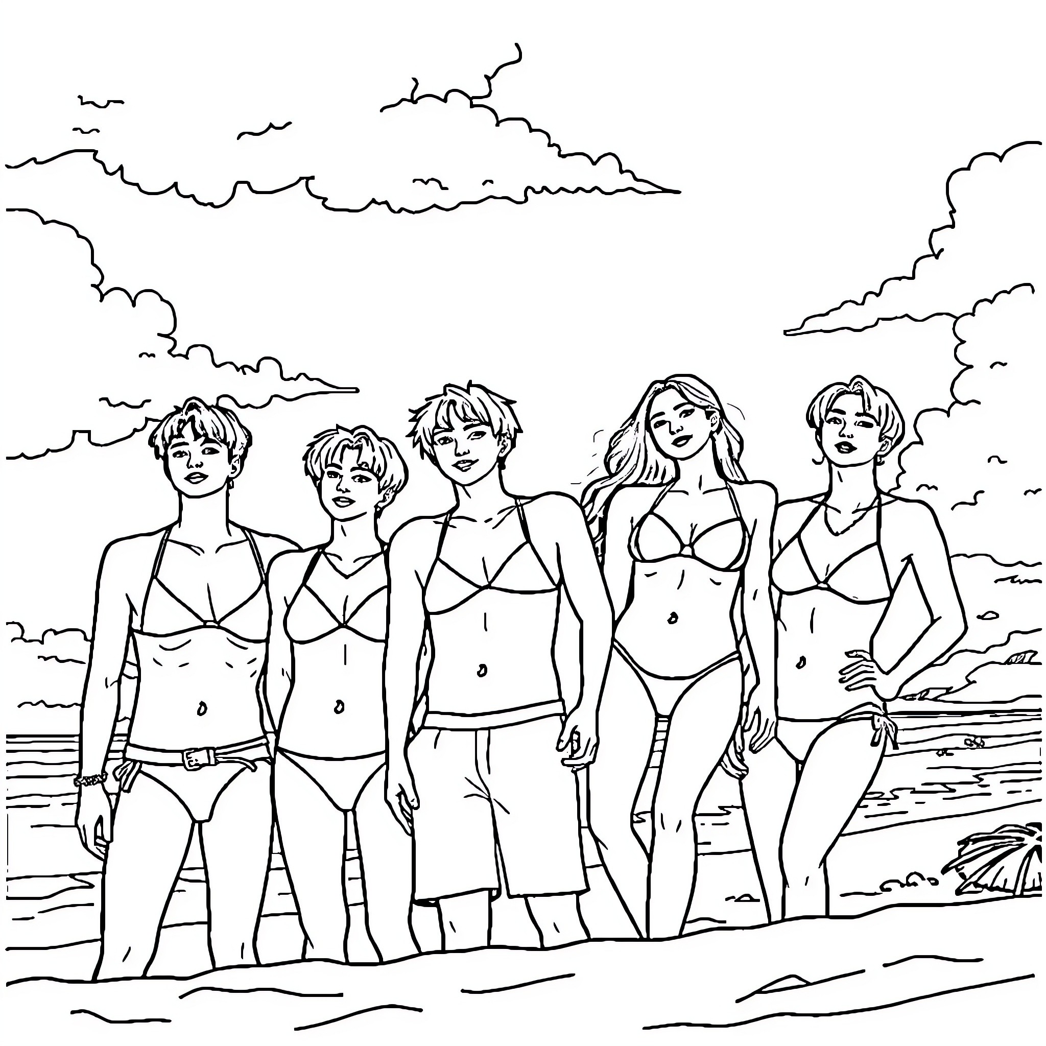 BTS group posing together on the beach Coloring Page (free black-and-white line drawing printable PDF for all, from beginners to advanced learners, including children, teens, adults, and seniors)
