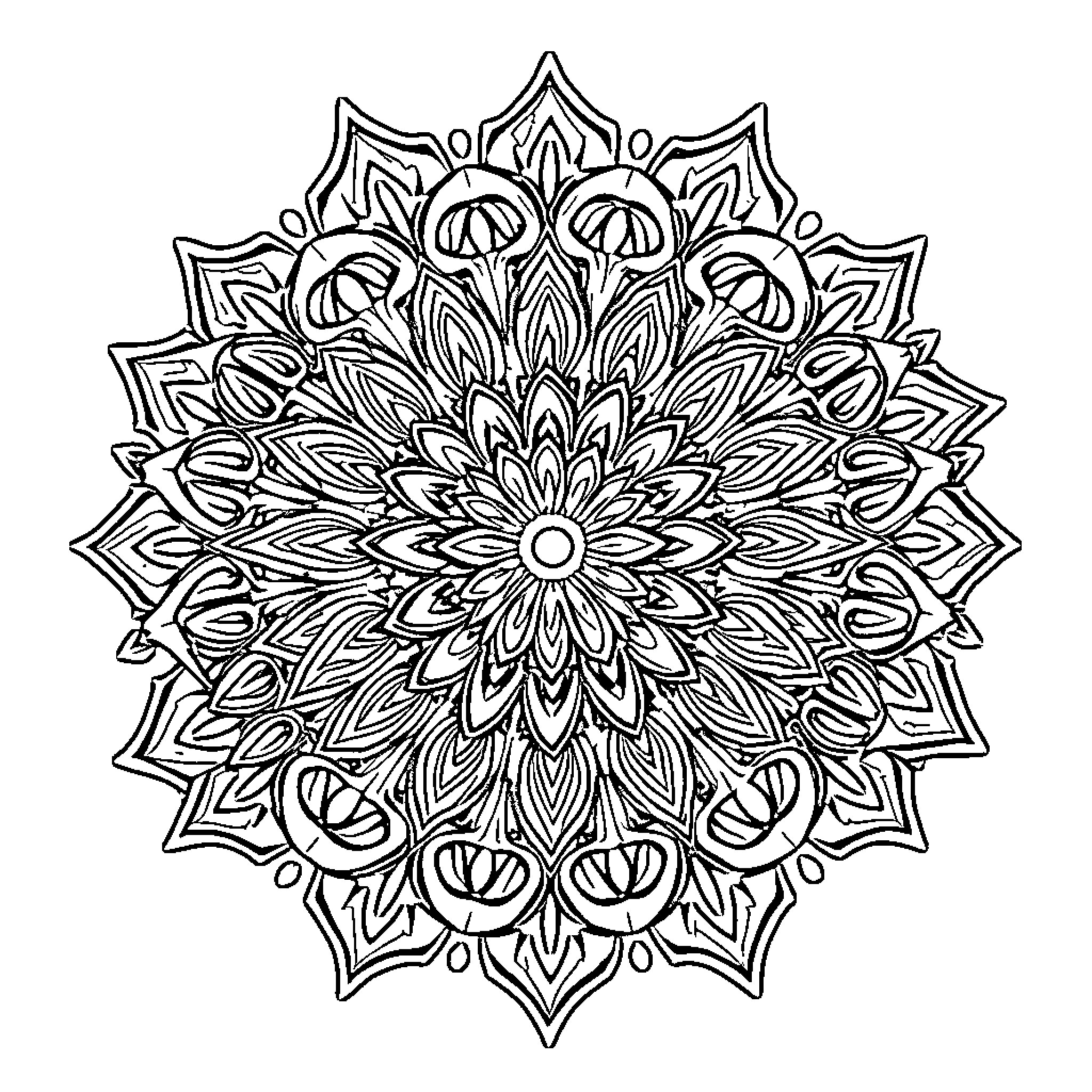 Mandala of intricate floral patterns Coloring Page (free black-and-white line drawing printable PDF for all, from beginners to advanced learners, including children, teens, adults, and seniors)