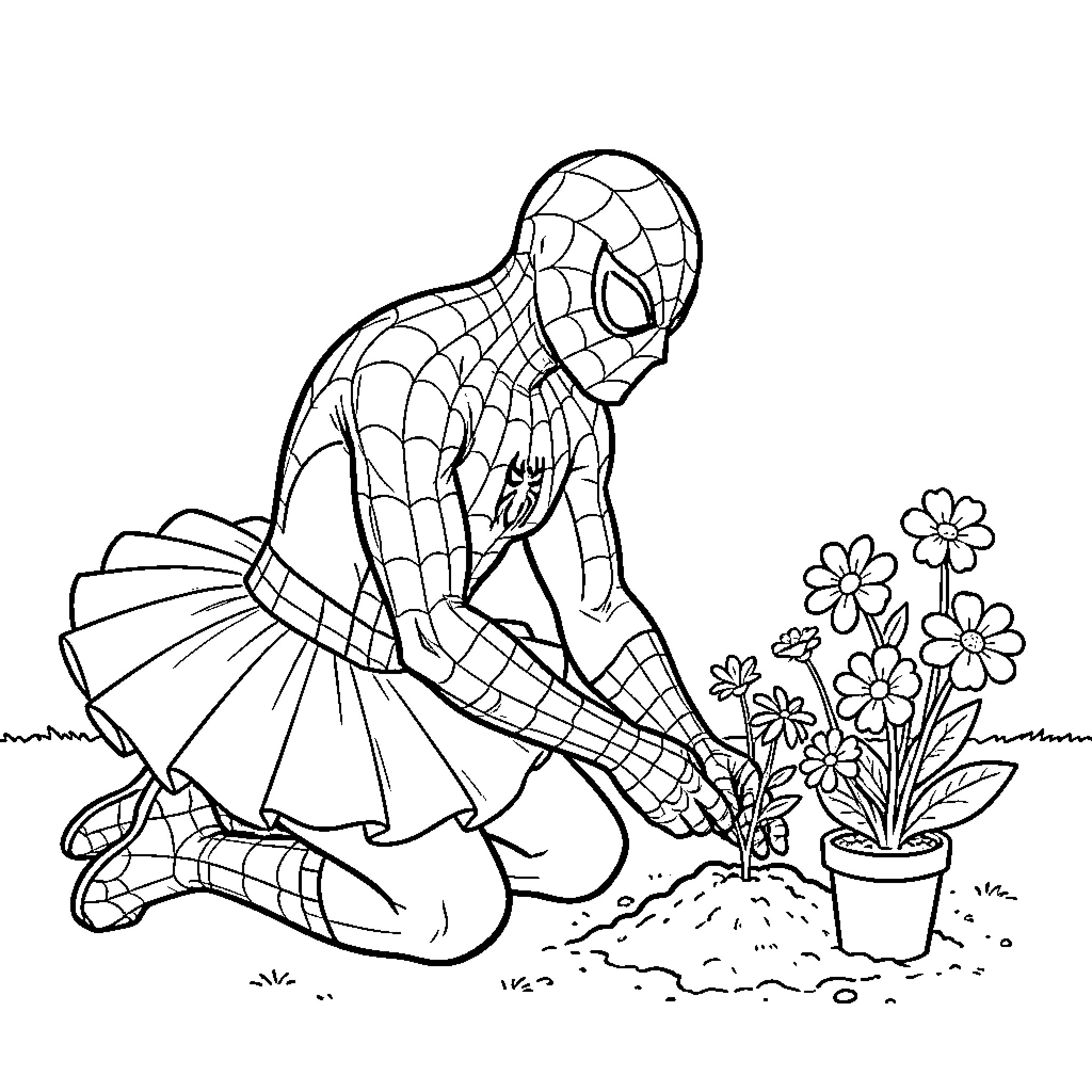 Spiderman wearing a tutu while planting flowers Coloring Page (free black-and-white line drawing printable PDF for all, from beginners to advanced learners, including children, teens, adults, and seniors)
