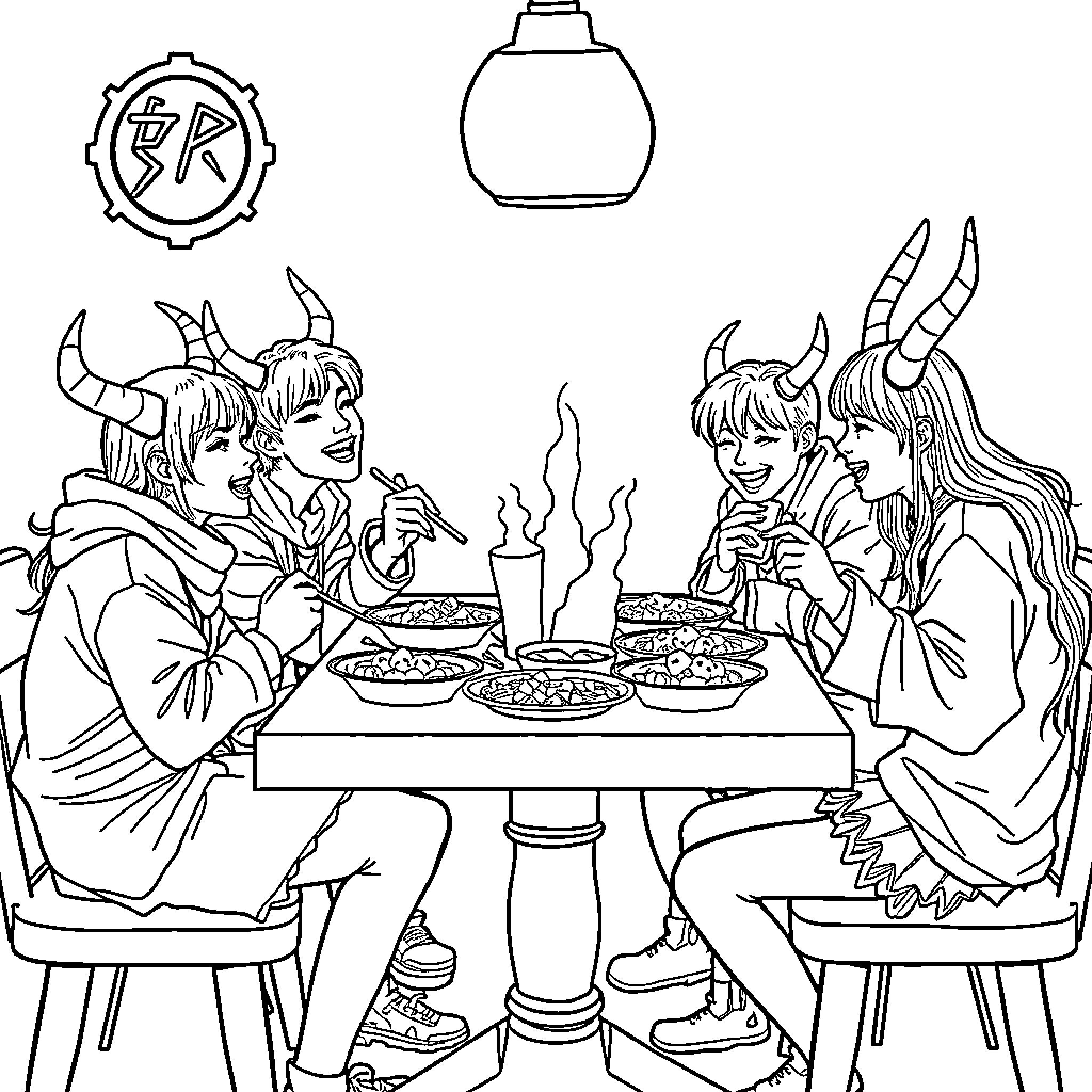 Kpop Demon Hunters Enjoying Feast Together Coloring Page (free black-and-white line drawing printable PDF for all, from beginners to advanced learners, including children, teens, adults, and seniors)
