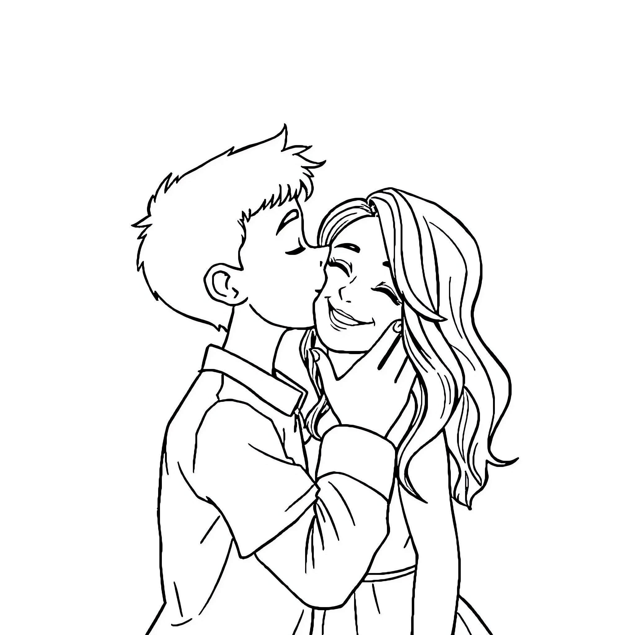 Boy and girl sharing a tender moment Coloring Page (free black-and-white line drawing printable PDF for all, from beginners to advanced learners, including children, teens, adults, and seniors)