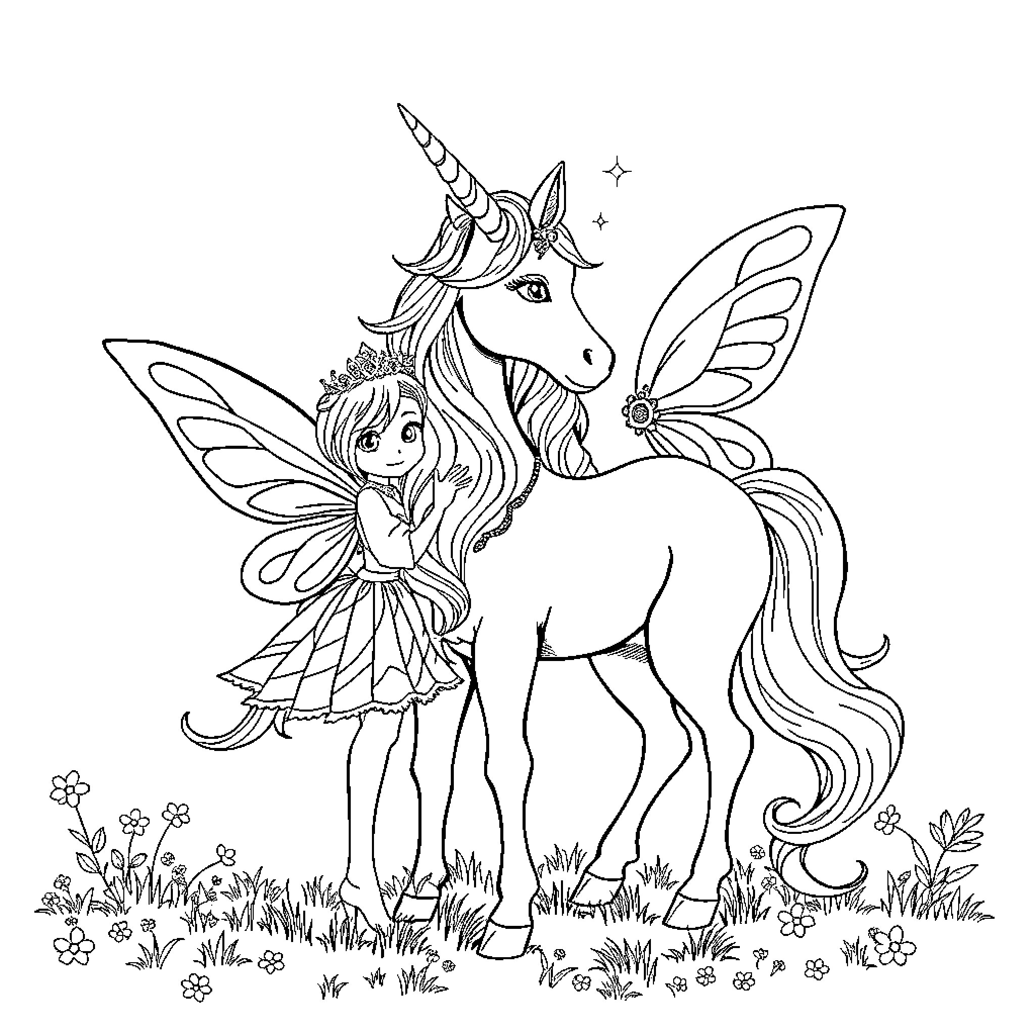 Unicorn and Fairy in Magical Garden Coloring Page (free black-and-white line drawing printable PDF for all, from beginners to advanced learners, including children, teens, adults, and seniors)