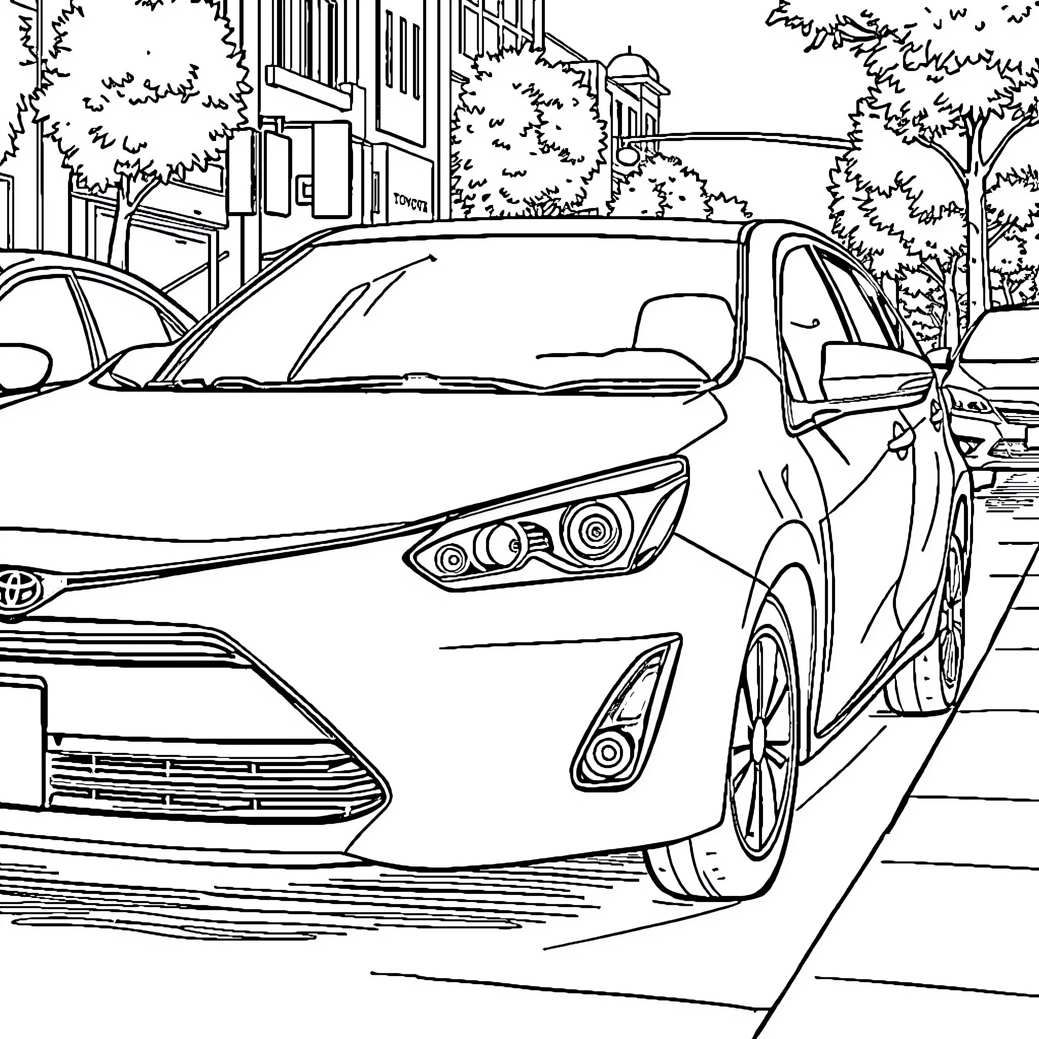 Toyota vehicle parked in suburban neighborhood Coloring Page (free black-and-white line drawing printable PDF for all, from beginners to advanced learners, including children, teens, adults, and seniors)