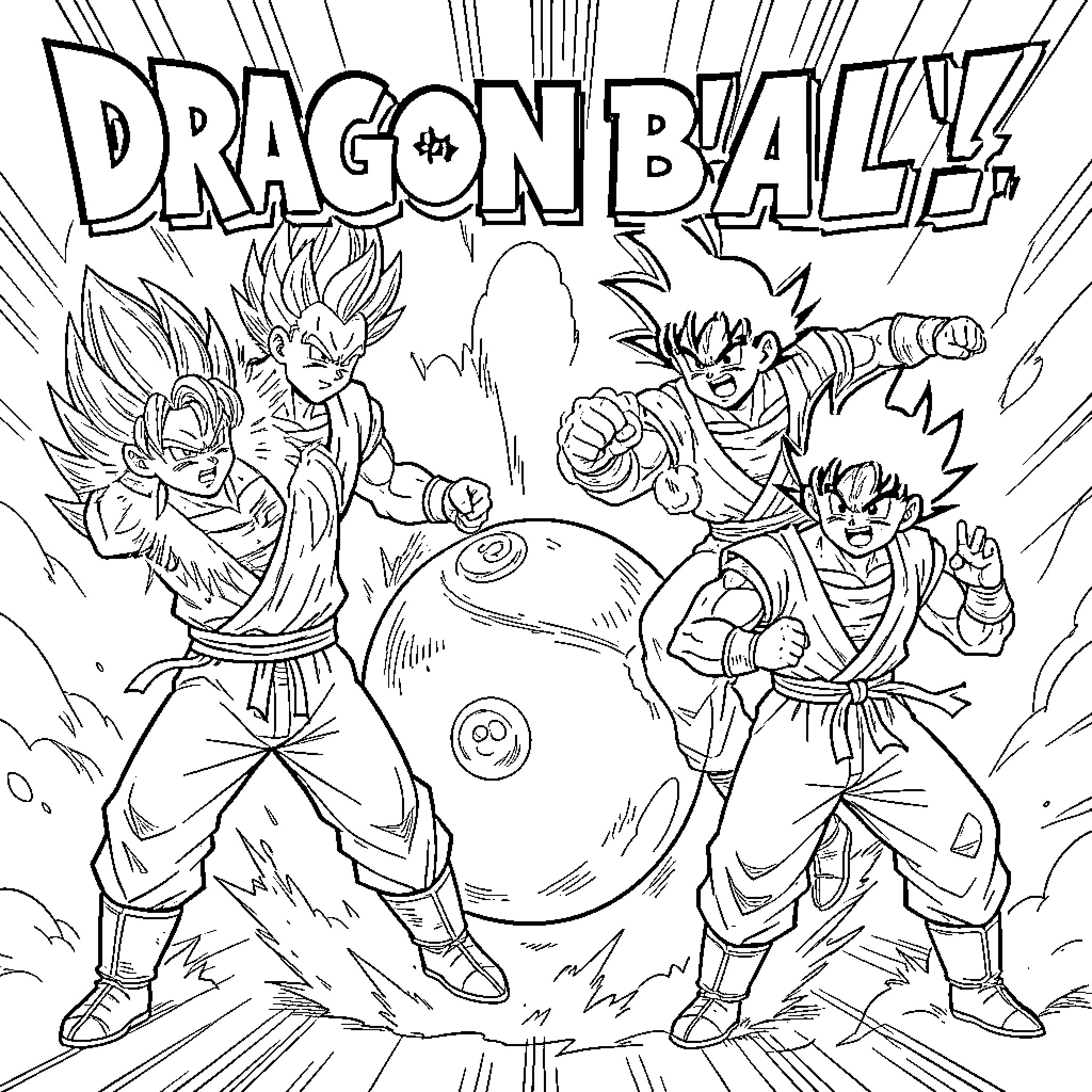 Dragon Ball characters posing in dynamic combat stances Coloring Page (free black-and-white line drawing printable PDF for all, from beginners to advanced learners, including children, teens, adults, and seniors)