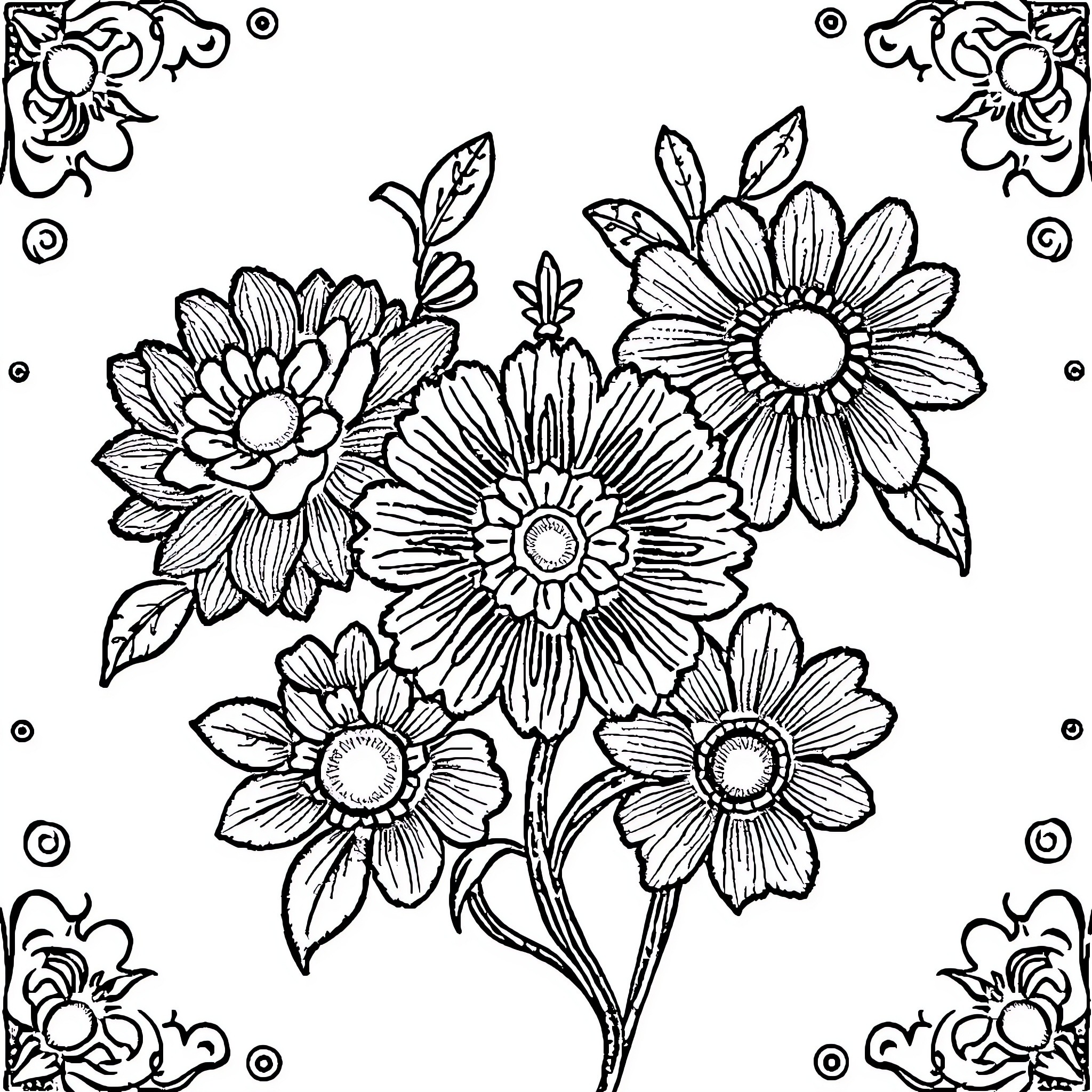 Embroidery of Elegant Floral Arrangement Coloring Page (free black-and-white line drawing printable PDF for all, from beginners to advanced learners, including children, teens, adults, and seniors)