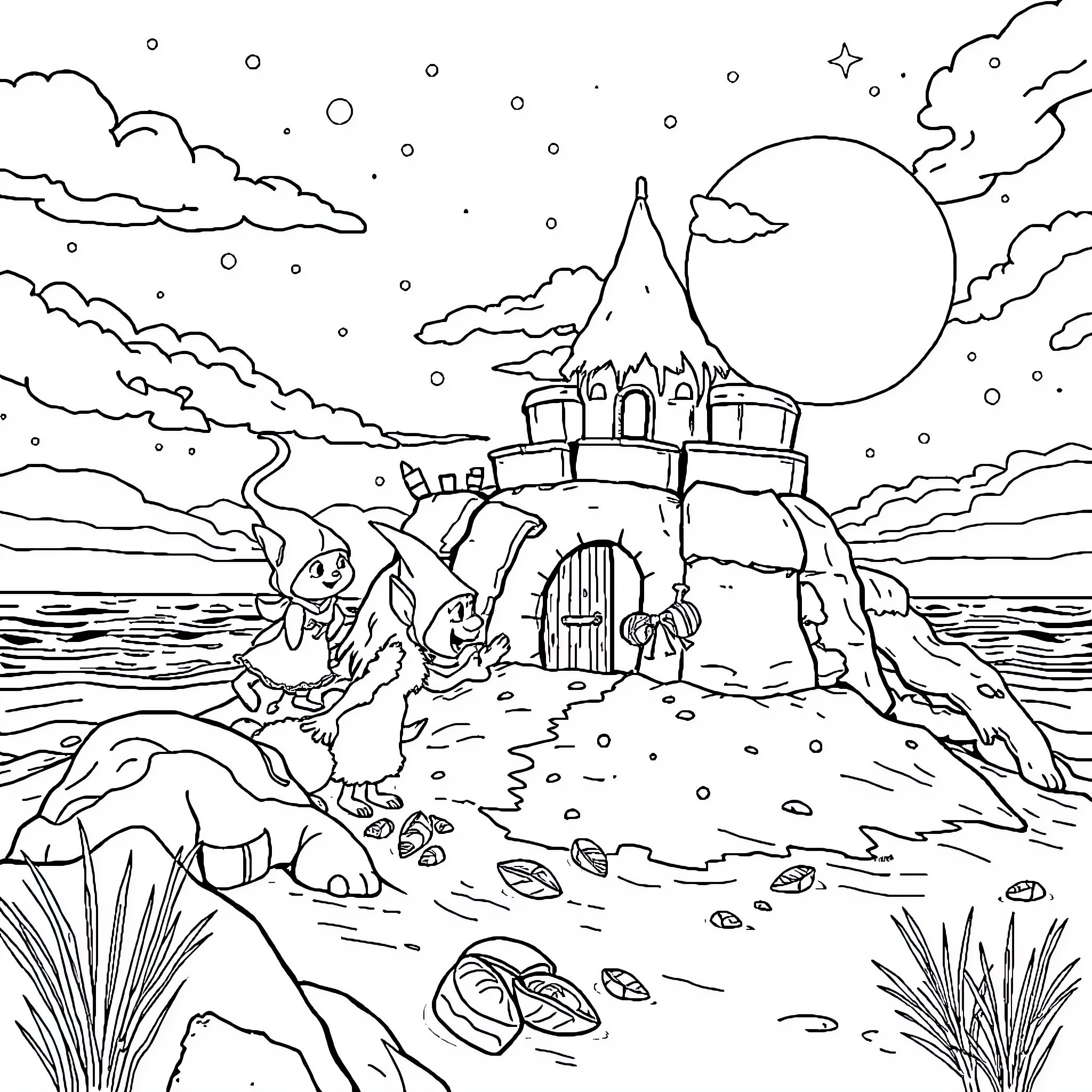 Snow White's Snowy Castle Adventure Coloring Page (free black-and-white line drawing printable PDF for all, from beginners to advanced learners, including children, teens, adults, and seniors)