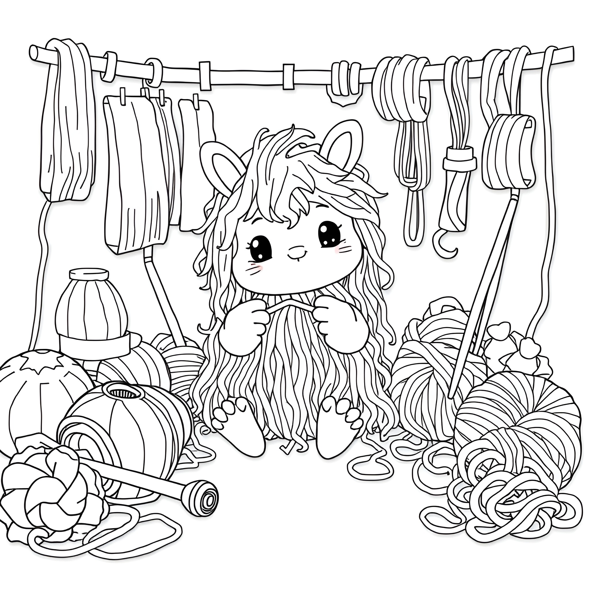 Yarnaby's Crafty Adventure Coloring Page (free black-and-white line drawing printable PDF for all, from beginners to advanced learners, including children, teens, adults, and seniors)