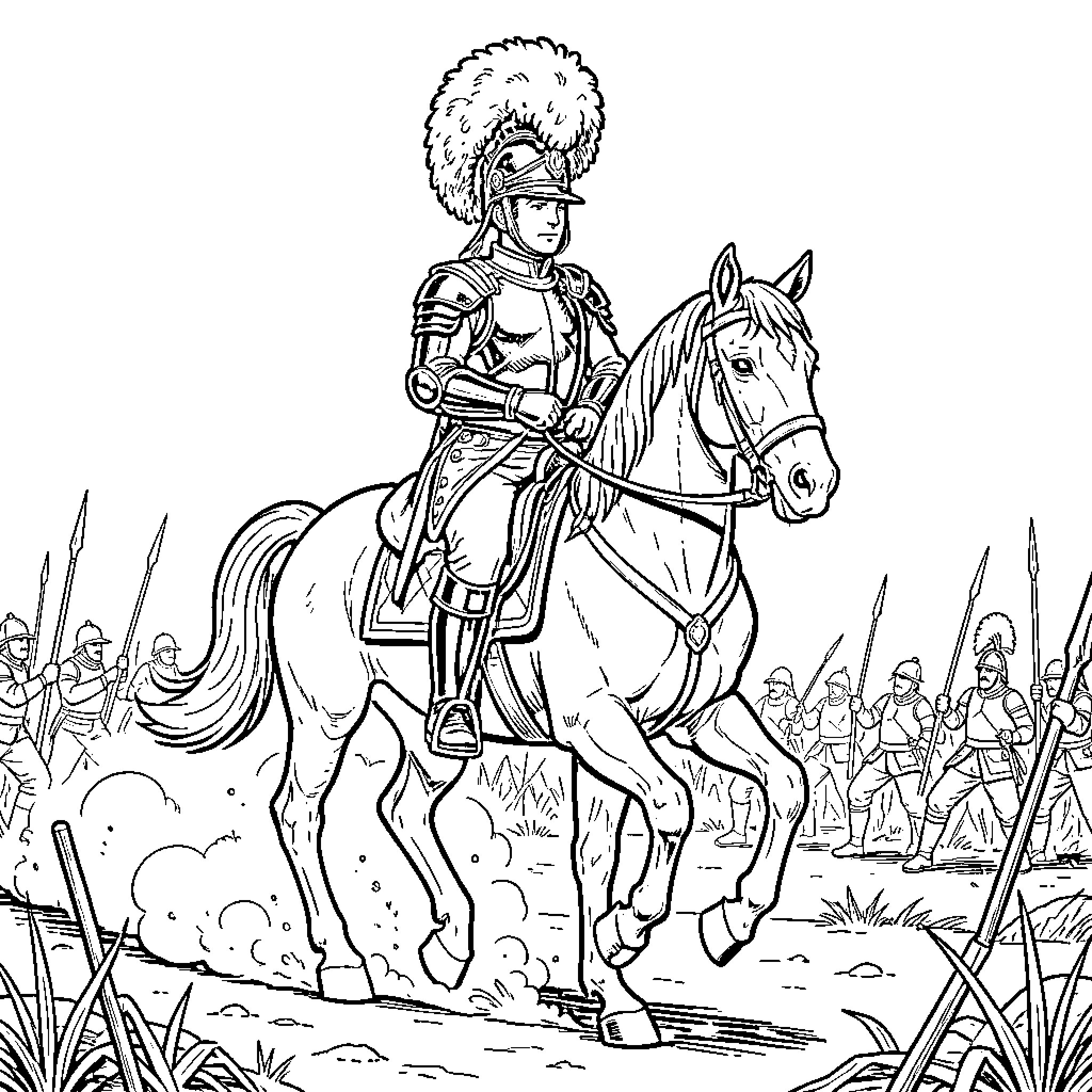 Cuirassier riding a horse through a group of soldiers Coloring Page (free black-and-white line drawing printable PDF for all, from beginners to advanced learners, including children, teens, adults, and seniors)