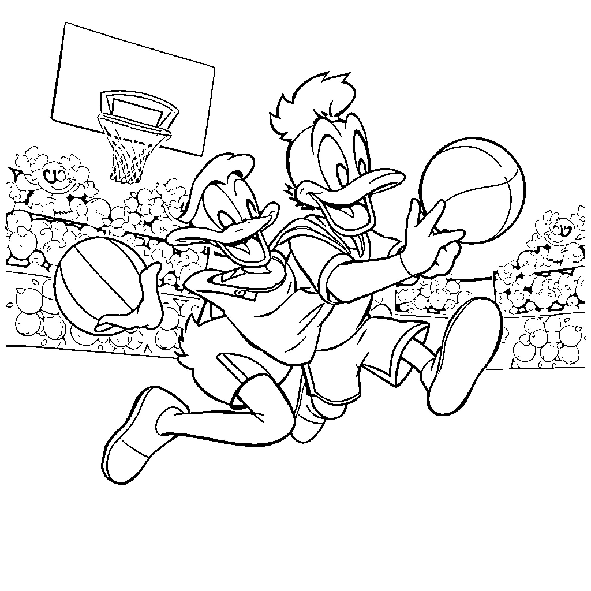 Donald Duck playing basketball with friends Coloring Page (free black-and-white line drawing printable PDF for all, from beginners to advanced learners, including children, teens, adults, and seniors)