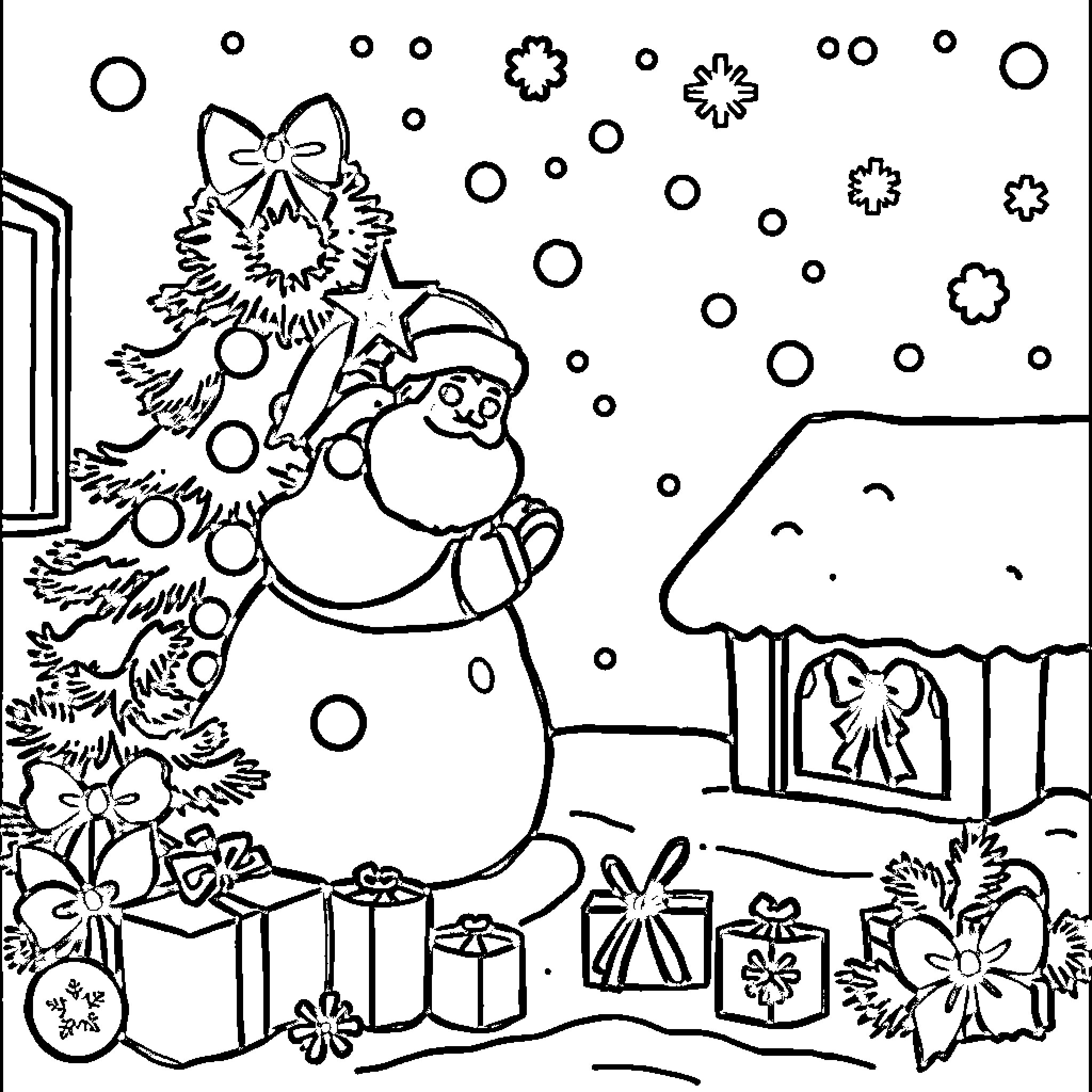 Christmas scene with Santa and gifts Coloring Page (free black-and-white line drawing printable PDF for all, from beginners to advanced learners, including children, teens, adults, and seniors)