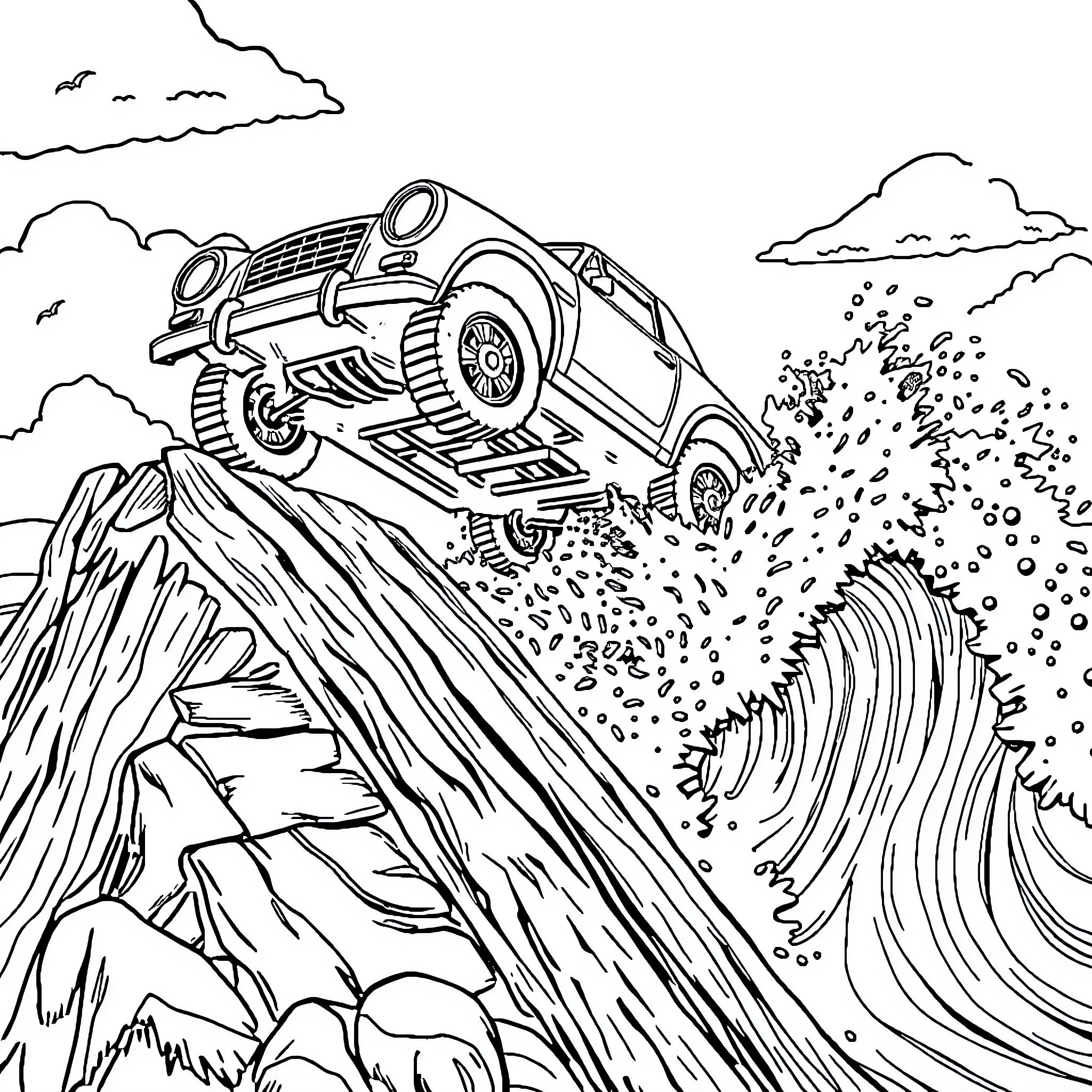 Car Jumping Over Rocky Terrain in Mountainous Landscape Coloring Page (free black-and-white line drawing printable PDF for all, from beginners to advanced learners, including children, teens, adults, and seniors)