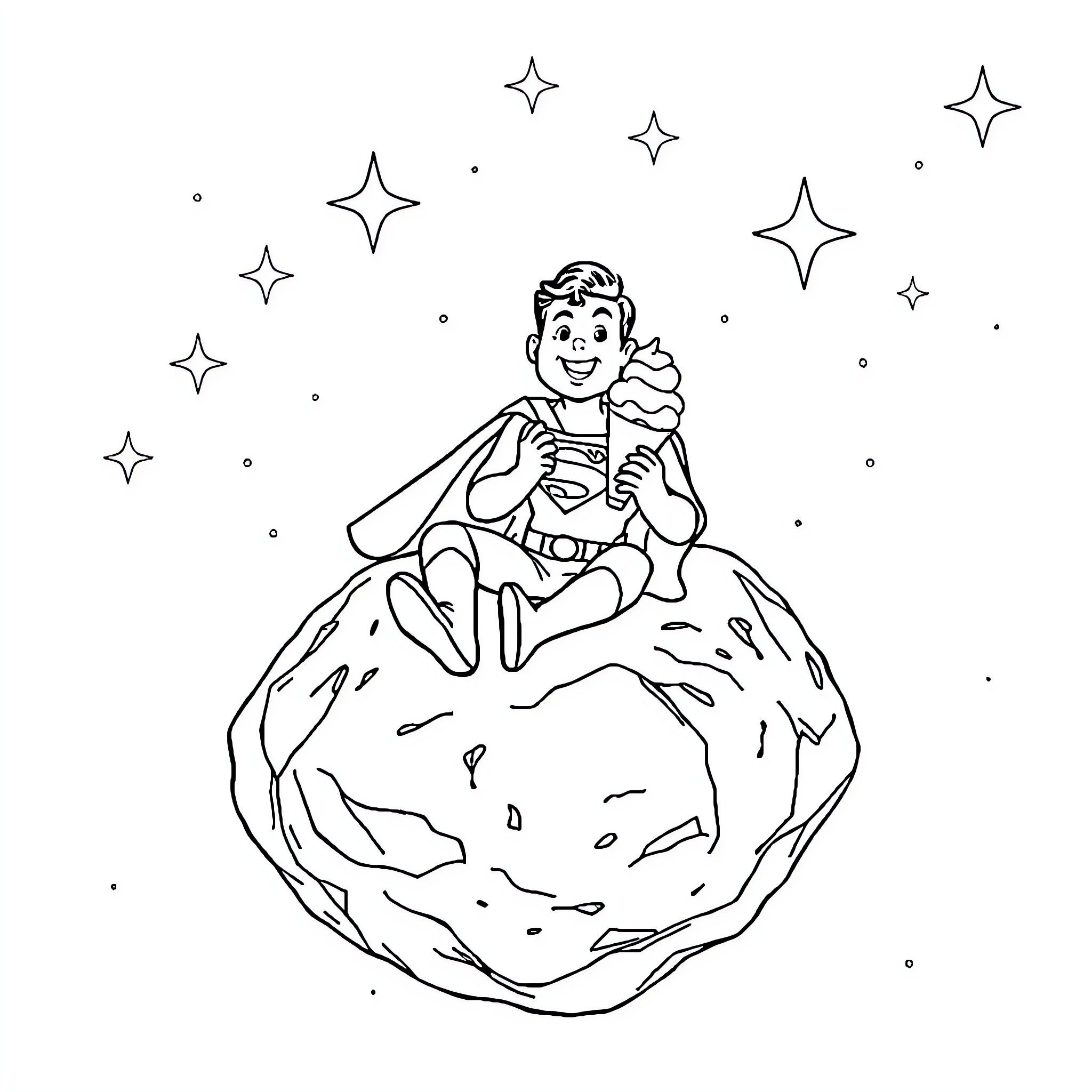 Superman exploring the starry cosmic landscape Coloring Page (free black-and-white line drawing printable PDF for all, from beginners to advanced learners, including children, teens, adults, and seniors)