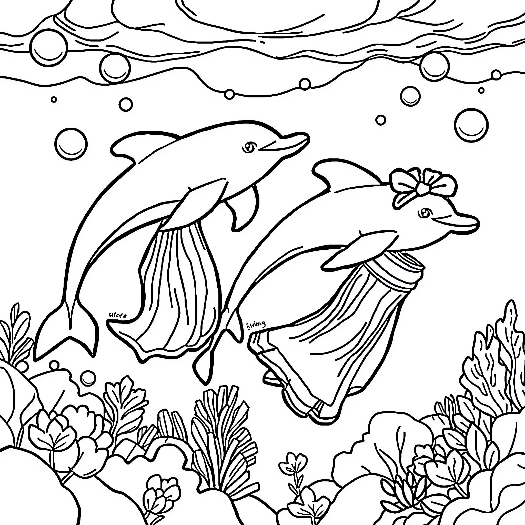 Dolphin playing with jellyfish in the ocean Coloring Page (free black-and-white line drawing printable PDF for all, from beginners to advanced learners, including children, teens, adults, and seniors)