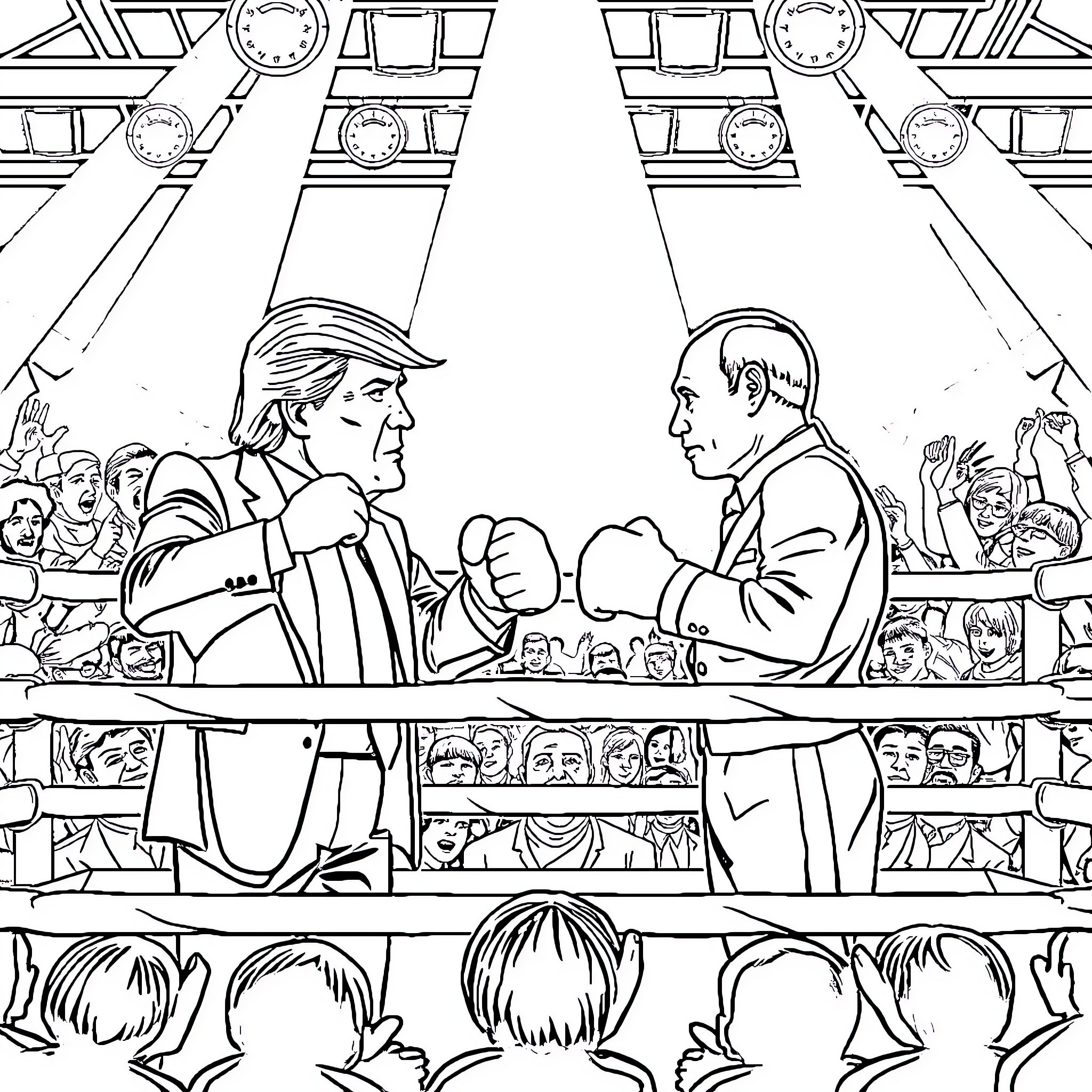 Donald Trump in a boxing match with Putin Coloring Page (free black-and-white line drawing printable PDF for all, from beginners to advanced learners, including children, teens, adults, and seniors)