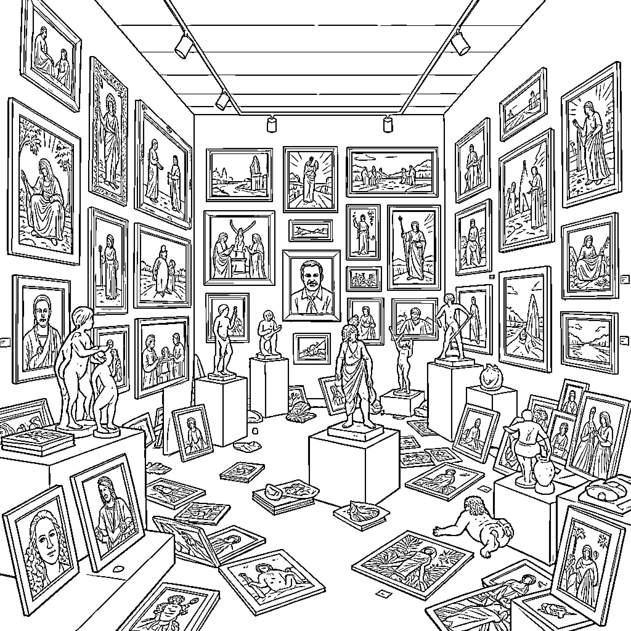 Art Gallery filled with classical statues and paintings Coloring Page (free black-and-white line drawing printable PDF for all, from beginners to advanced learners, including children, teens, adults, and seniors)