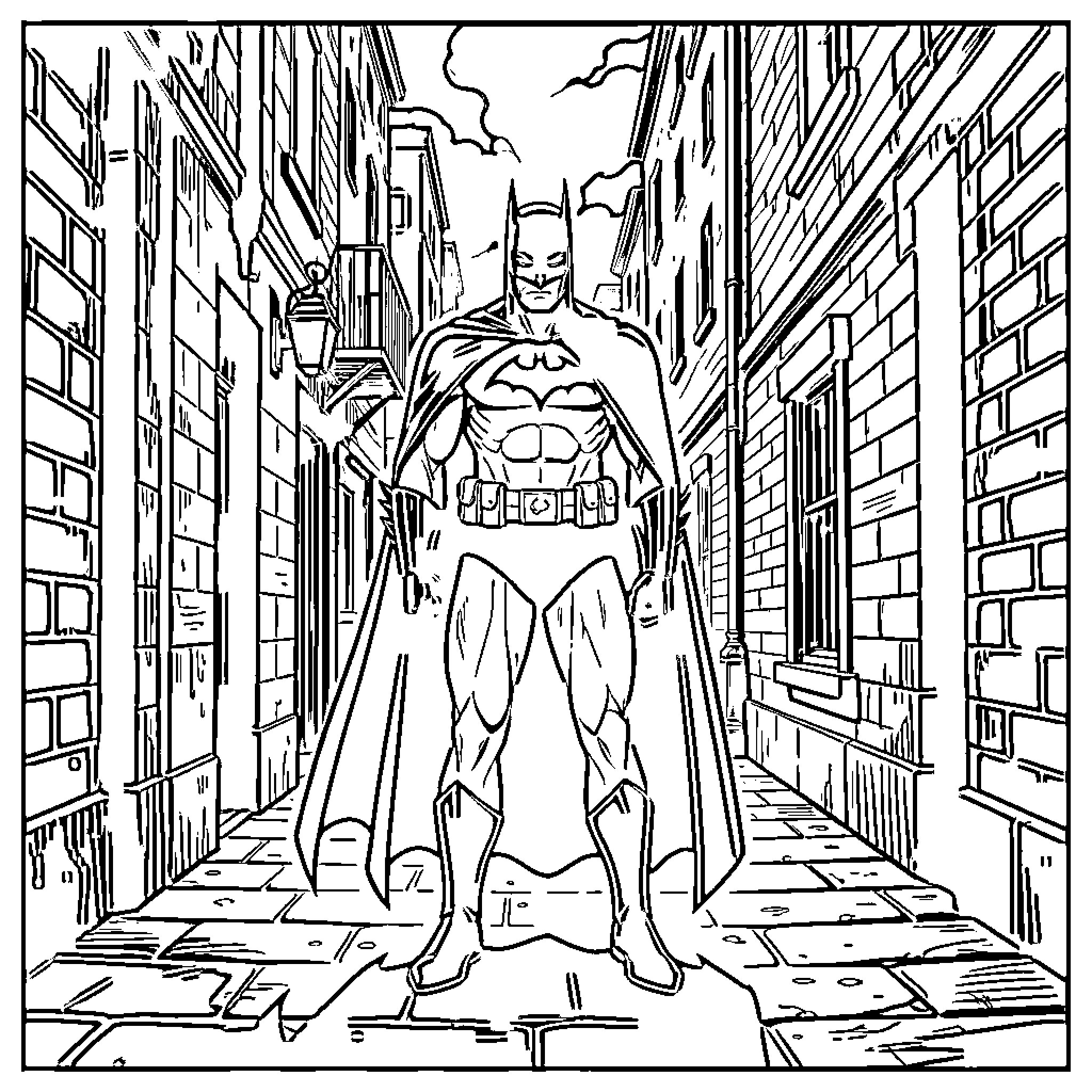 Batman Heroically Surveys the City from a Dark Alley Coloring Page (free black-and-white line drawing printable PDF for all, from beginners to advanced learners, including children, teens, adults, and seniors)