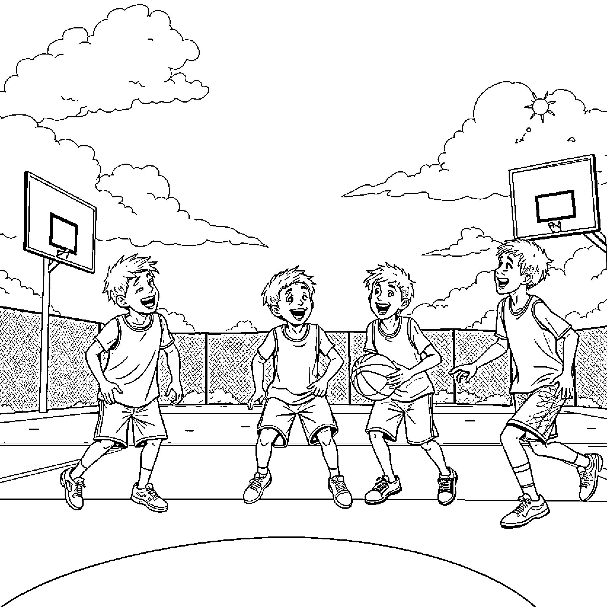 Brother Playing Basketball with Friends on Court Coloring Page (free black-and-white line drawing printable PDF for all, from beginners to advanced learners, including children, teens, adults, and seniors)