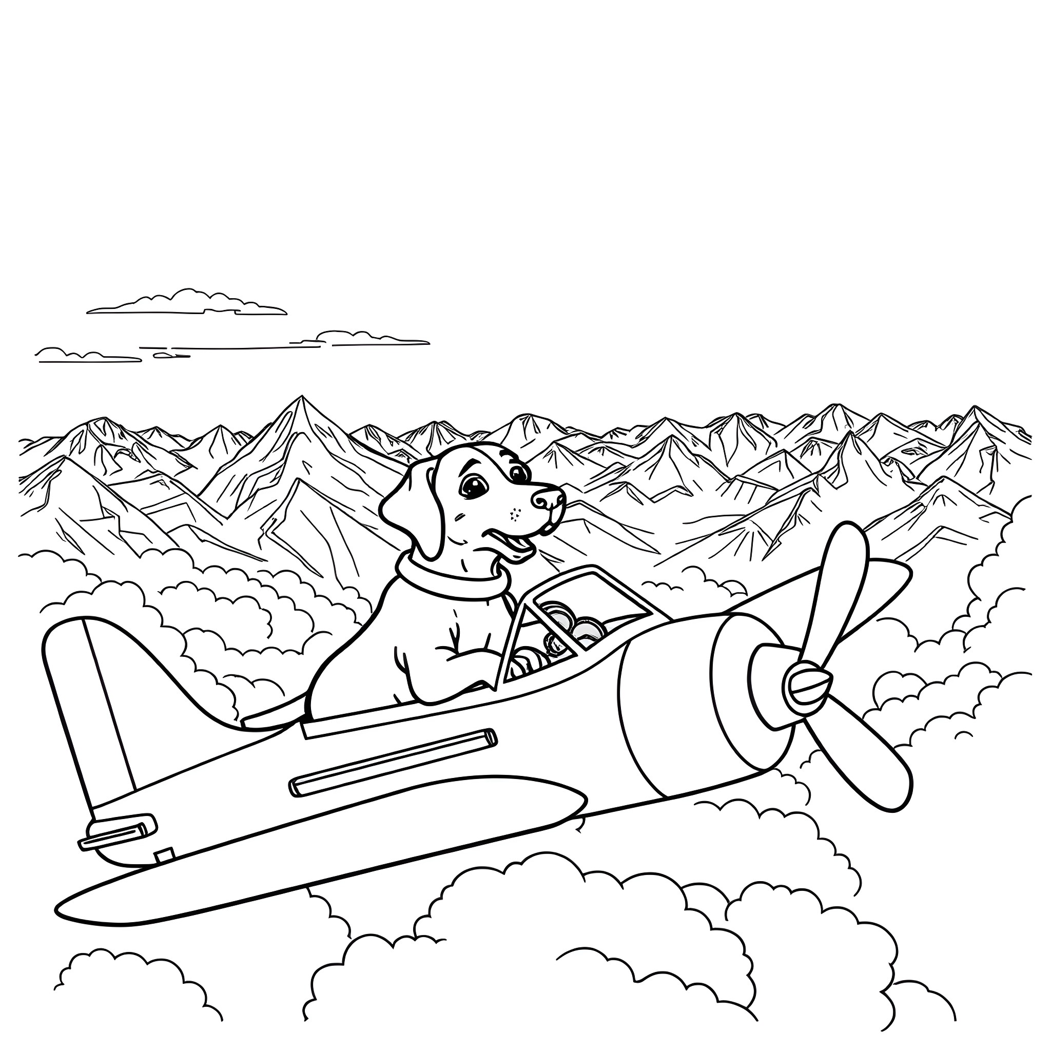 Wiener Dog Piloting Airplane in the Mountains Coloring Page (free black-and-white line drawing printable PDF for all, from beginners to advanced learners, including children, teens, adults, and seniors)