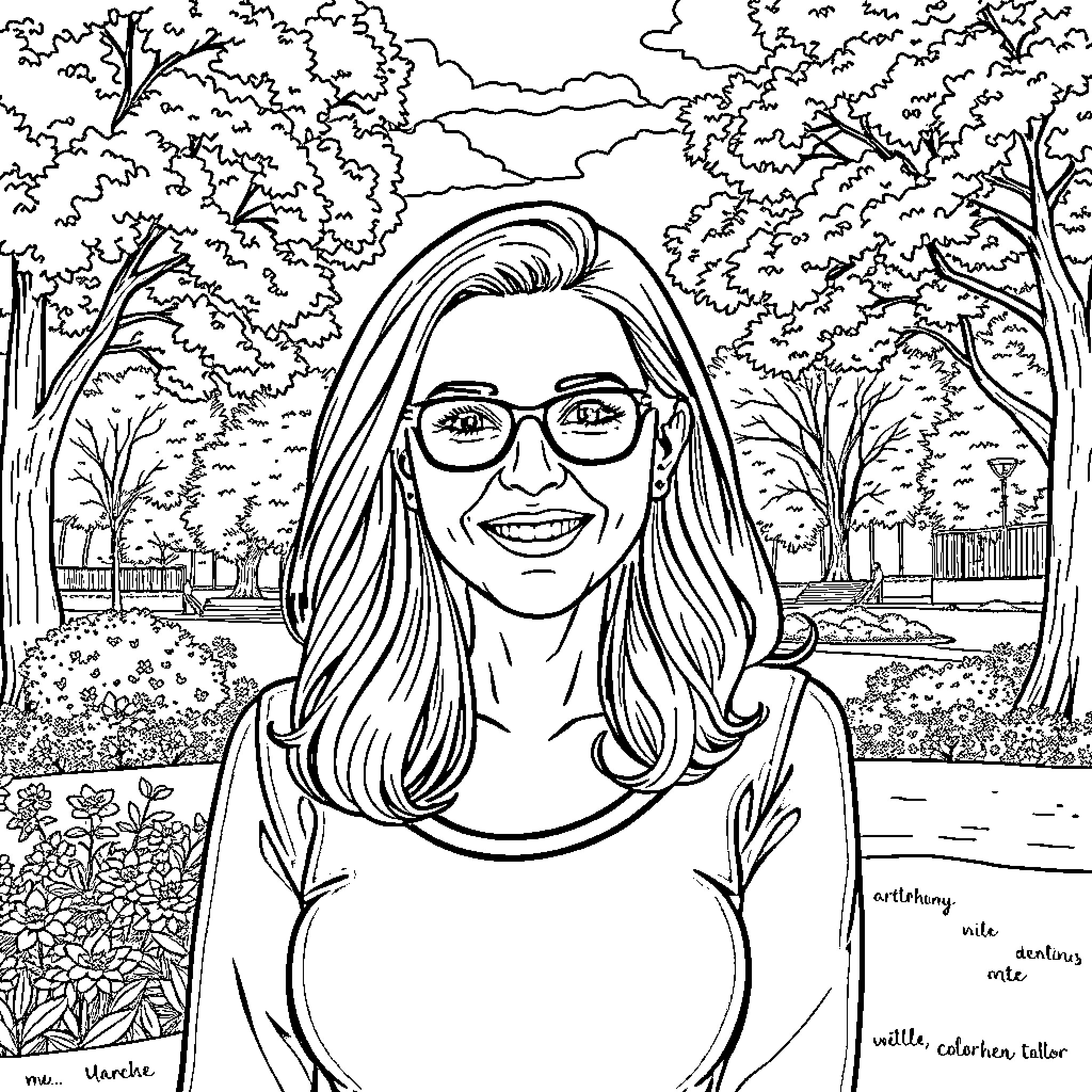 Morgane Dufour posing with a smile in a natural setting Coloring Page (free black-and-white line drawing printable PDF for all, from beginners to advanced learners, including children, teens, adults, and seniors)