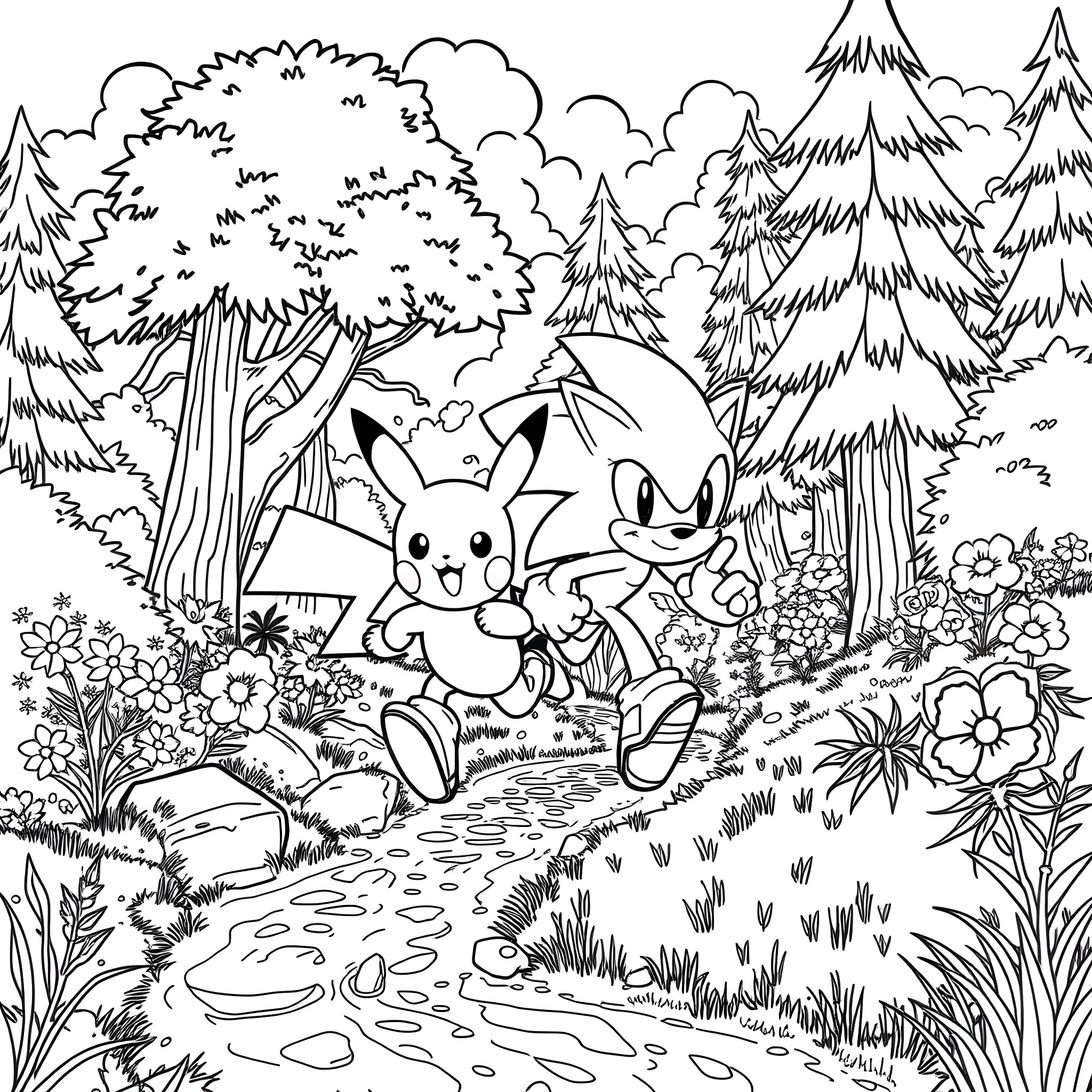Sonic characters in a magical forest landscape Coloring Page (free black-and-white line drawing printable PDF for all, from beginners to advanced learners, including children, teens, adults, and seniors)