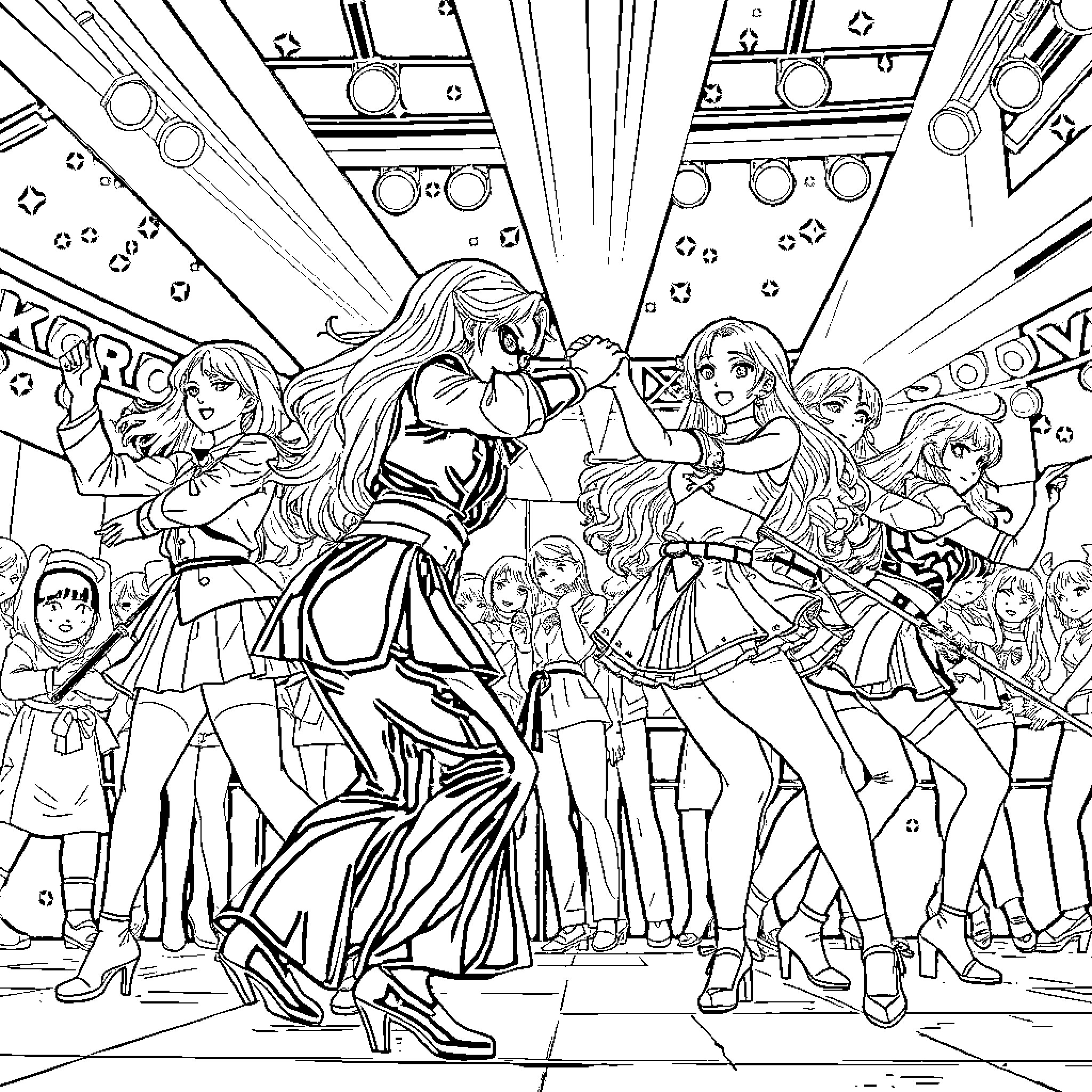 K-Pop Warriors on Stage with Dazzling Outfits and Expressions Coloring Page (free black-and-white line drawing printable PDF for all, from beginners to advanced learners, including children, teens, adults, and seniors)