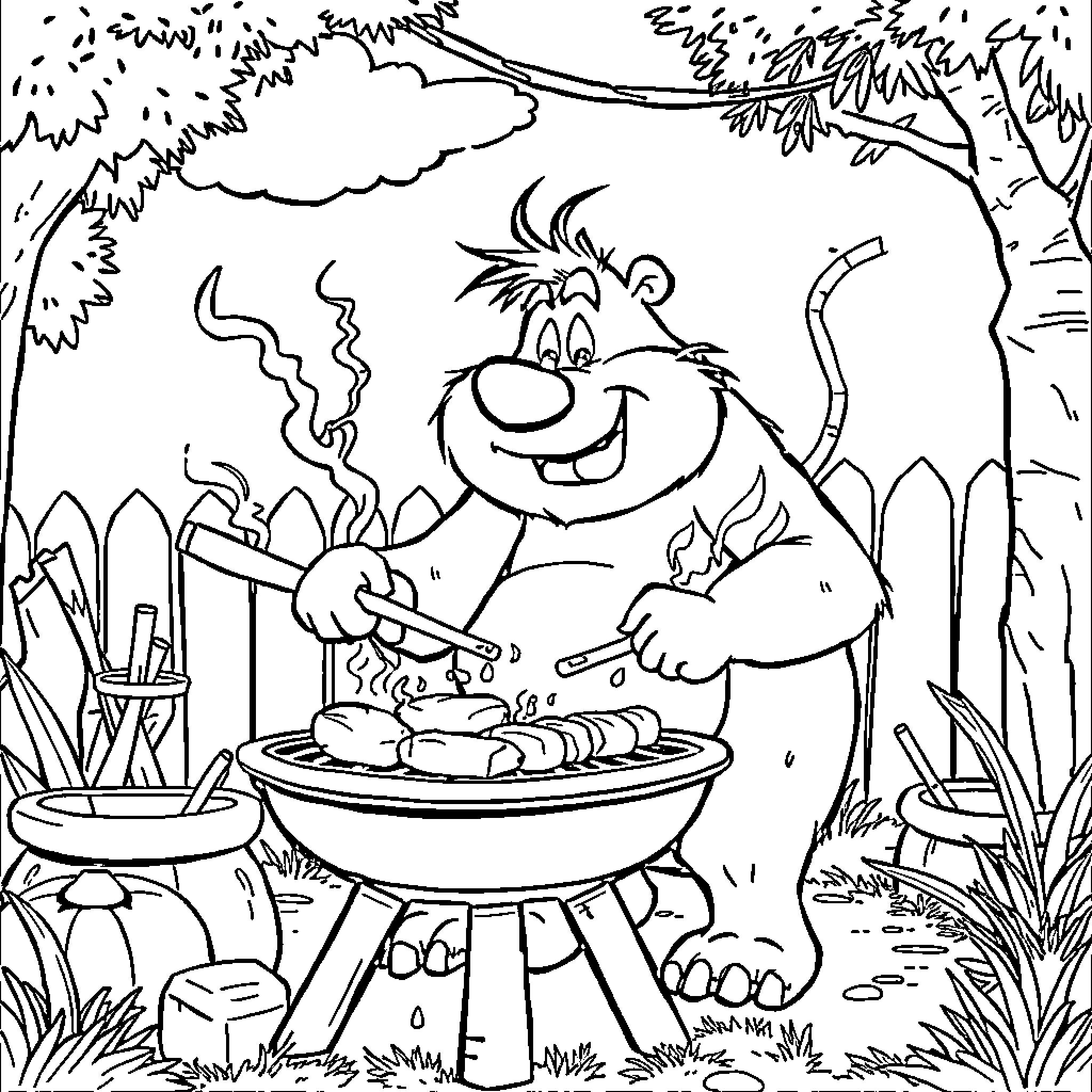 Baloo having a barbecue in the jungle Coloring Page (free black-and-white line drawing printable PDF for all, from beginners to advanced learners, including children, teens, adults, and seniors)