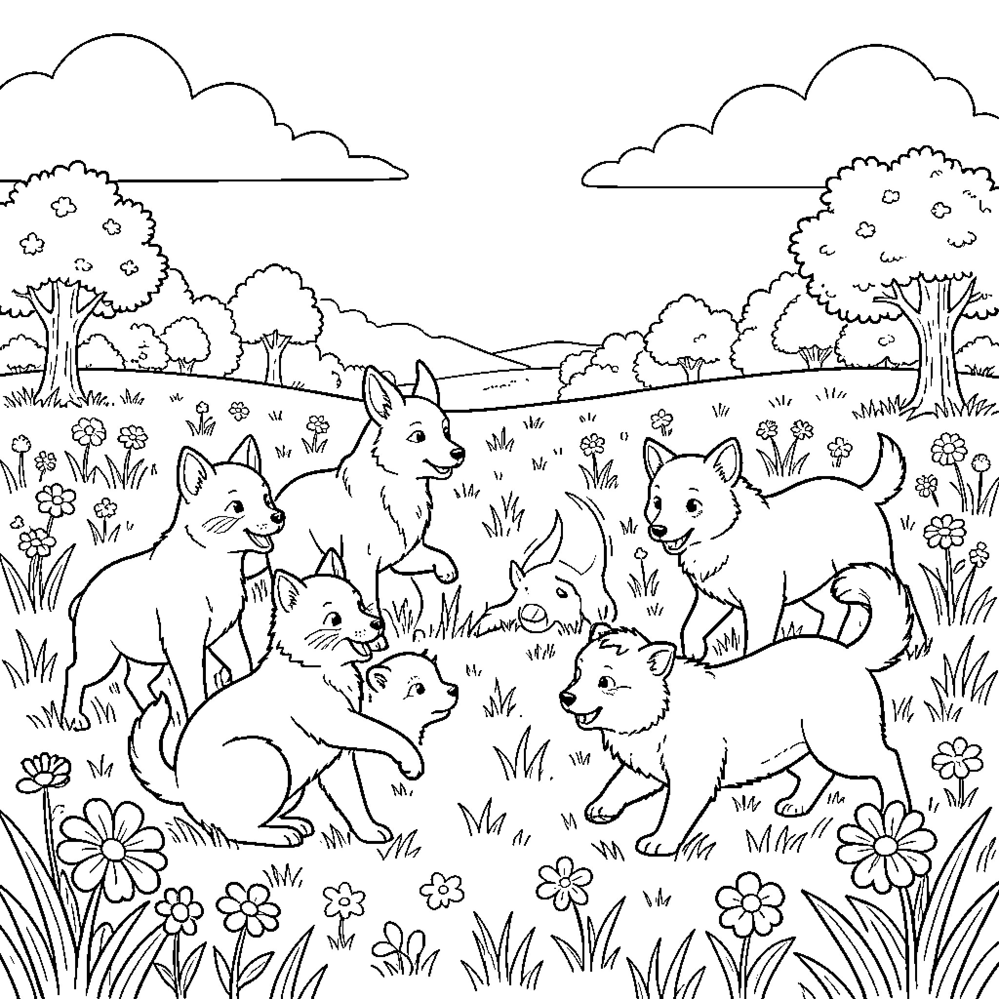 Animal Friends Playing in the Meadow Coloring Page (free black-and-white line drawing printable PDF for all, from beginners to advanced learners, including children, teens, adults, and seniors)