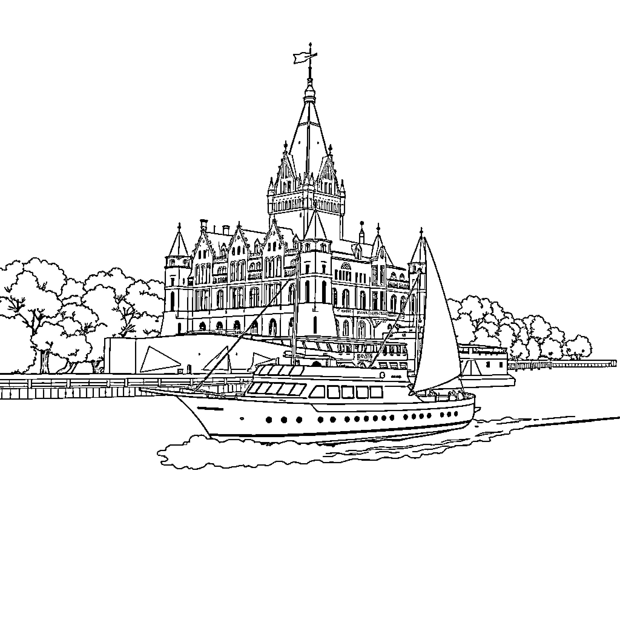 Sailboat passing grand historic castle on the river Coloring Page (free black-and-white line drawing printable PDF for all, from beginners to advanced learners, including children, teens, adults, and seniors)