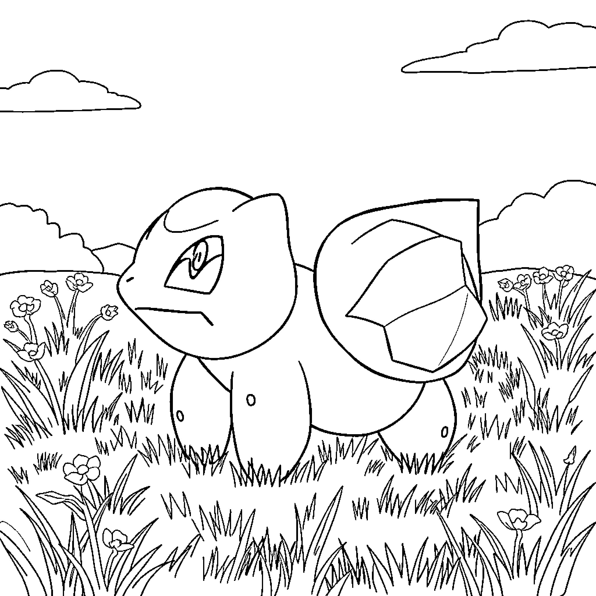 Bulbasaur resting in the grassy field Coloring Page (free black-and-white line drawing printable PDF for all, from beginners to advanced learners, including children, teens, adults, and seniors)