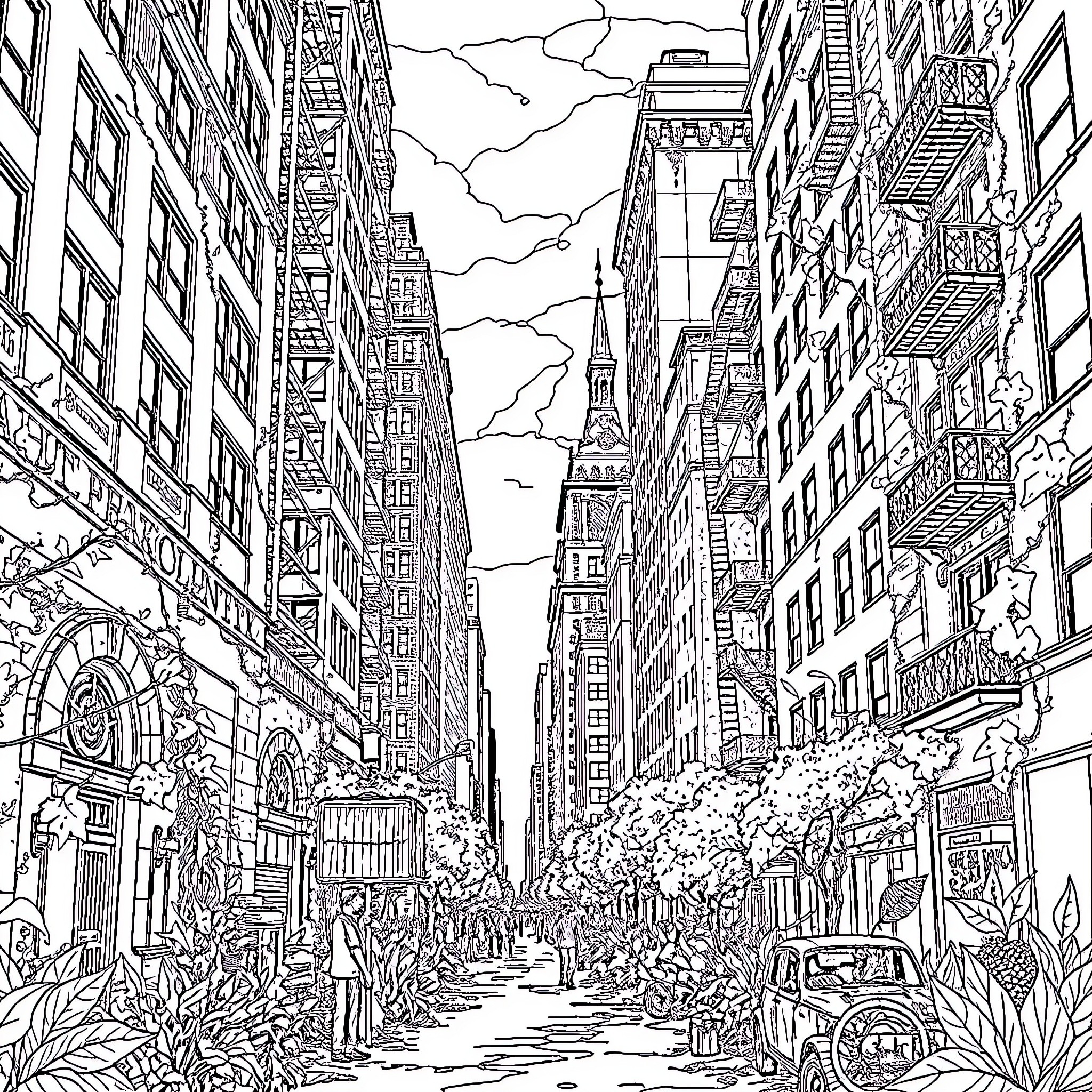 NYC Street Bustling with Activity and Architecture Coloring Page (free black-and-white line drawing printable PDF for all, from beginners to advanced learners, including children, teens, adults, and seniors)