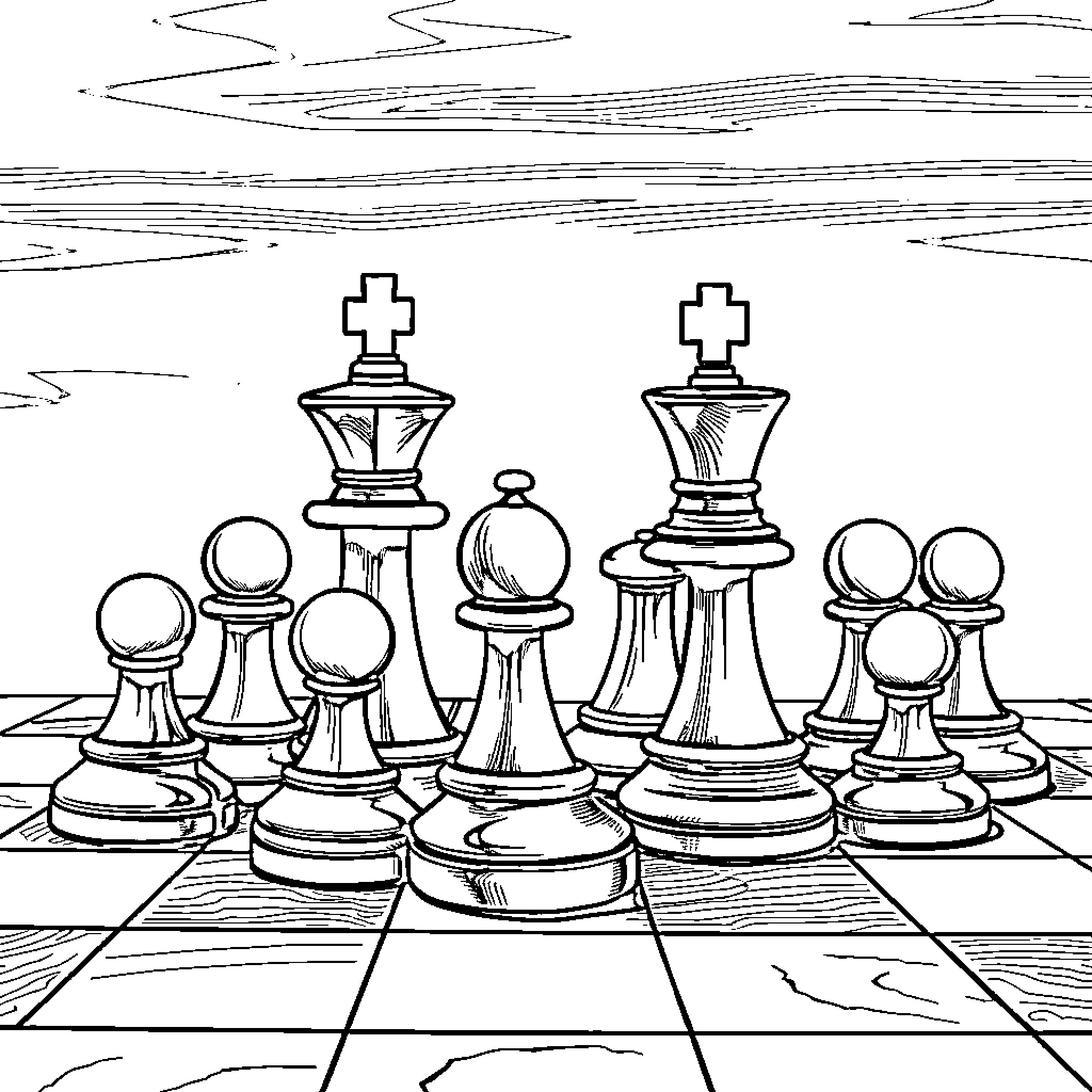 Chess Piece Showdown on the Chessboard Coloring Page (free black-and-white line drawing printable PDF for all, from beginners to advanced learners, including children, teens, adults, and seniors)
