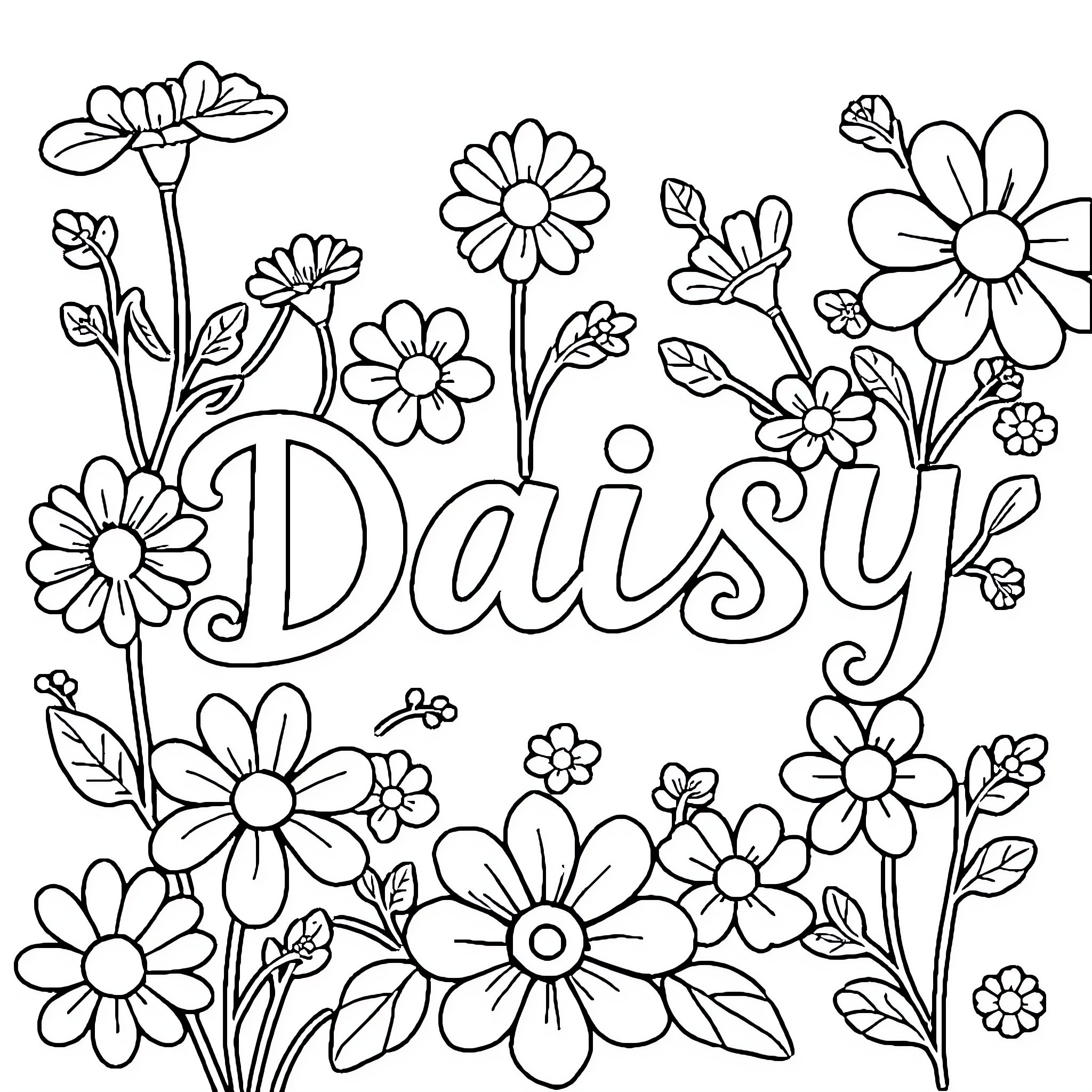 Daisy blooming amidst flowers and nature Coloring Page (free black-and-white line drawing printable PDF for all, from beginners to advanced learners, including children, teens, adults, and seniors)