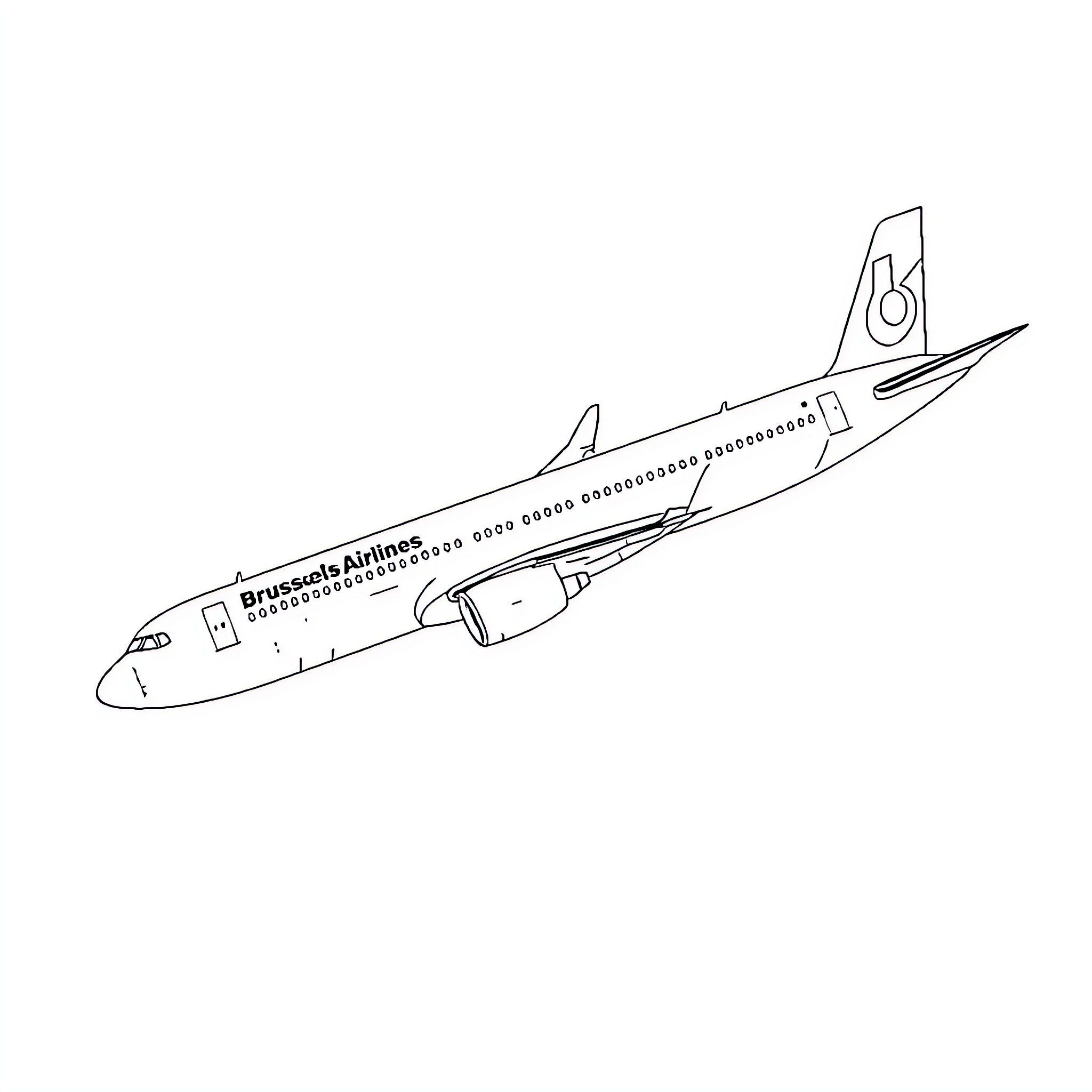 Airplane with Brussels Airlines logo in flight Coloring Page (free black-and-white line drawing printable PDF for all, from beginners to advanced learners, including children, teens, adults, and seniors)
