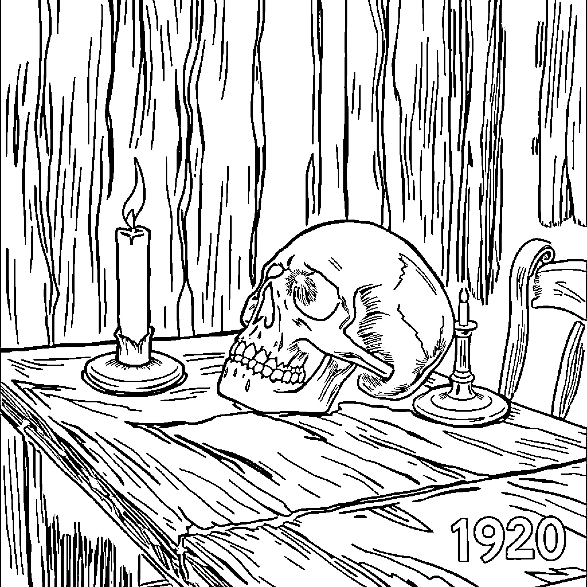 Skull on a dark wooden table with candles Coloring Page (free black-and-white line drawing printable PDF for all, from beginners to advanced learners, including children, teens, adults, and seniors)