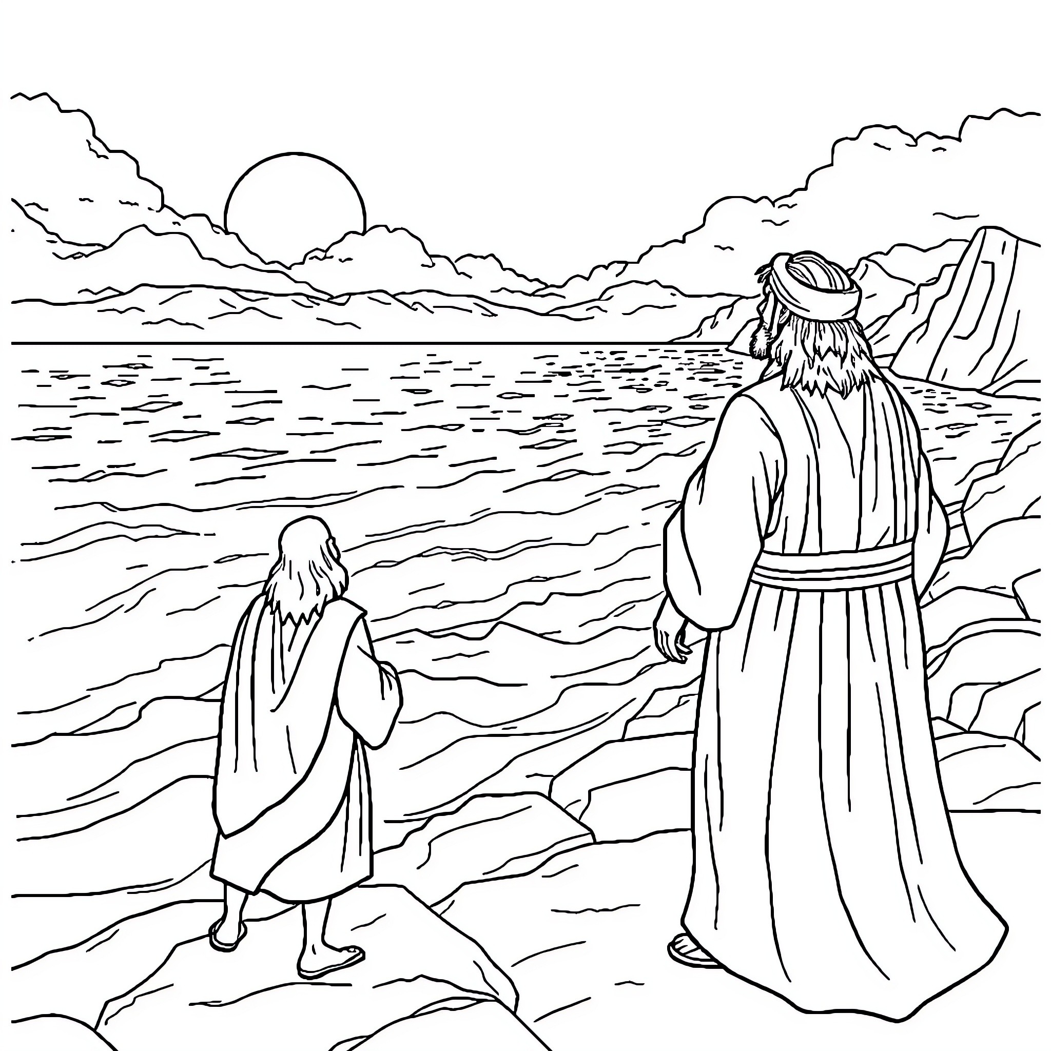 Noah and his son overlooking the vast sea Coloring Page (free black-and-white line drawing printable PDF for all, from beginners to advanced learners, including children, teens, adults, and seniors)