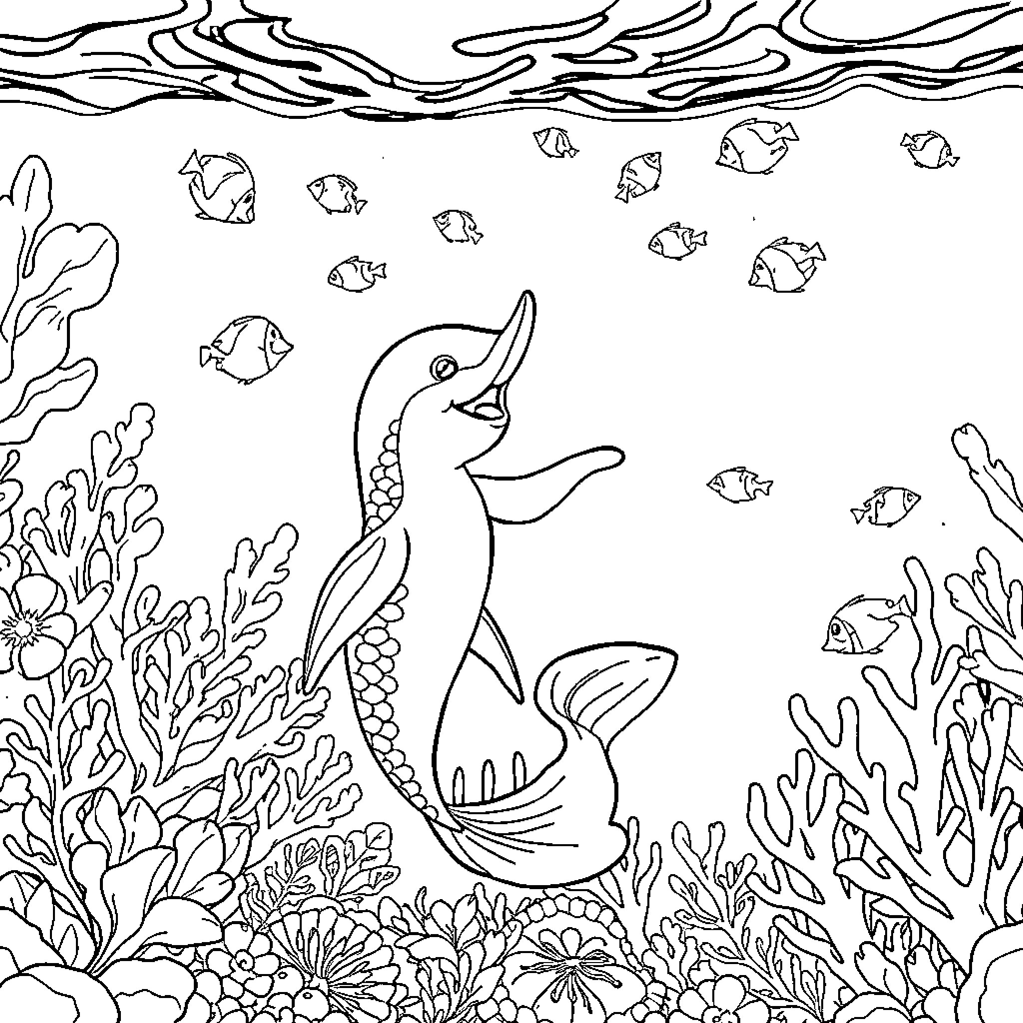 Mermaid swimming among coral and sea creatures Coloring Page (free black-and-white line drawing printable PDF for all, from beginners to advanced learners, including children, teens, adults, and seniors)