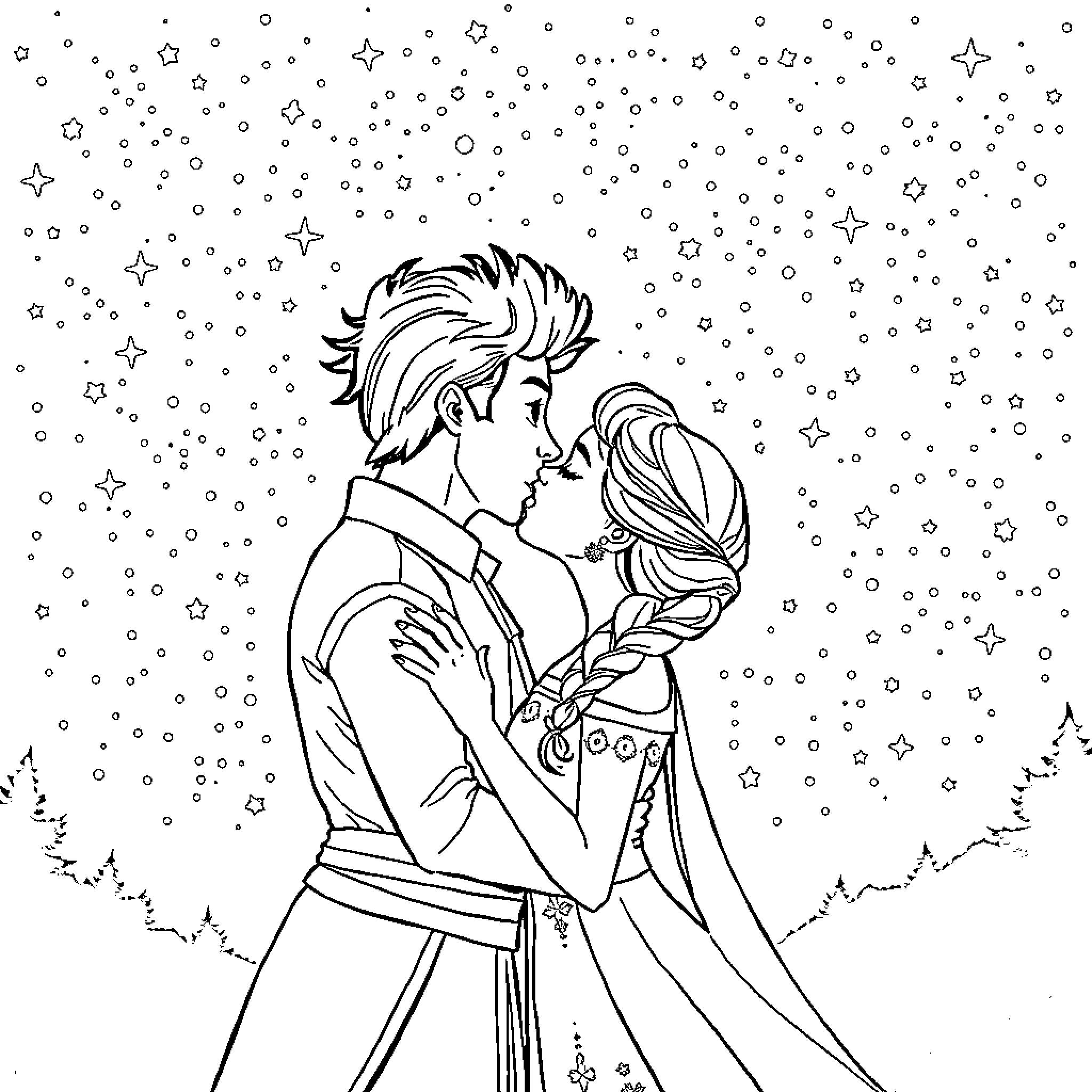 Cardi B and Prince Charming in Wintry Embrace Coloring Page (free black-and-white line drawing printable PDF for all, from beginners to advanced learners, including children, teens, adults, and seniors)