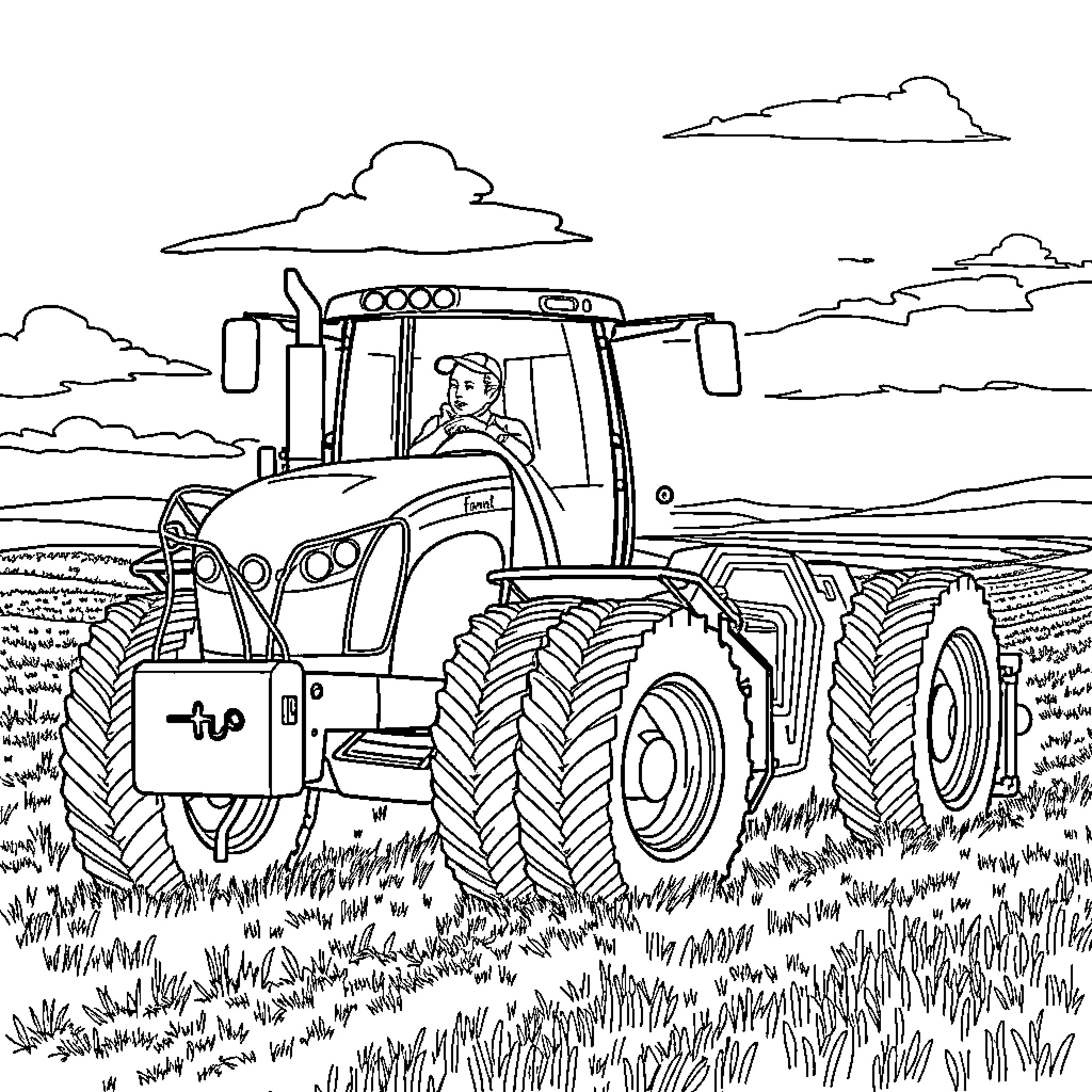 Tractor plowing through scenic countryside Coloring Page (free black-and-white line drawing printable PDF for all, from beginners to advanced learners, including children, teens, adults, and seniors)