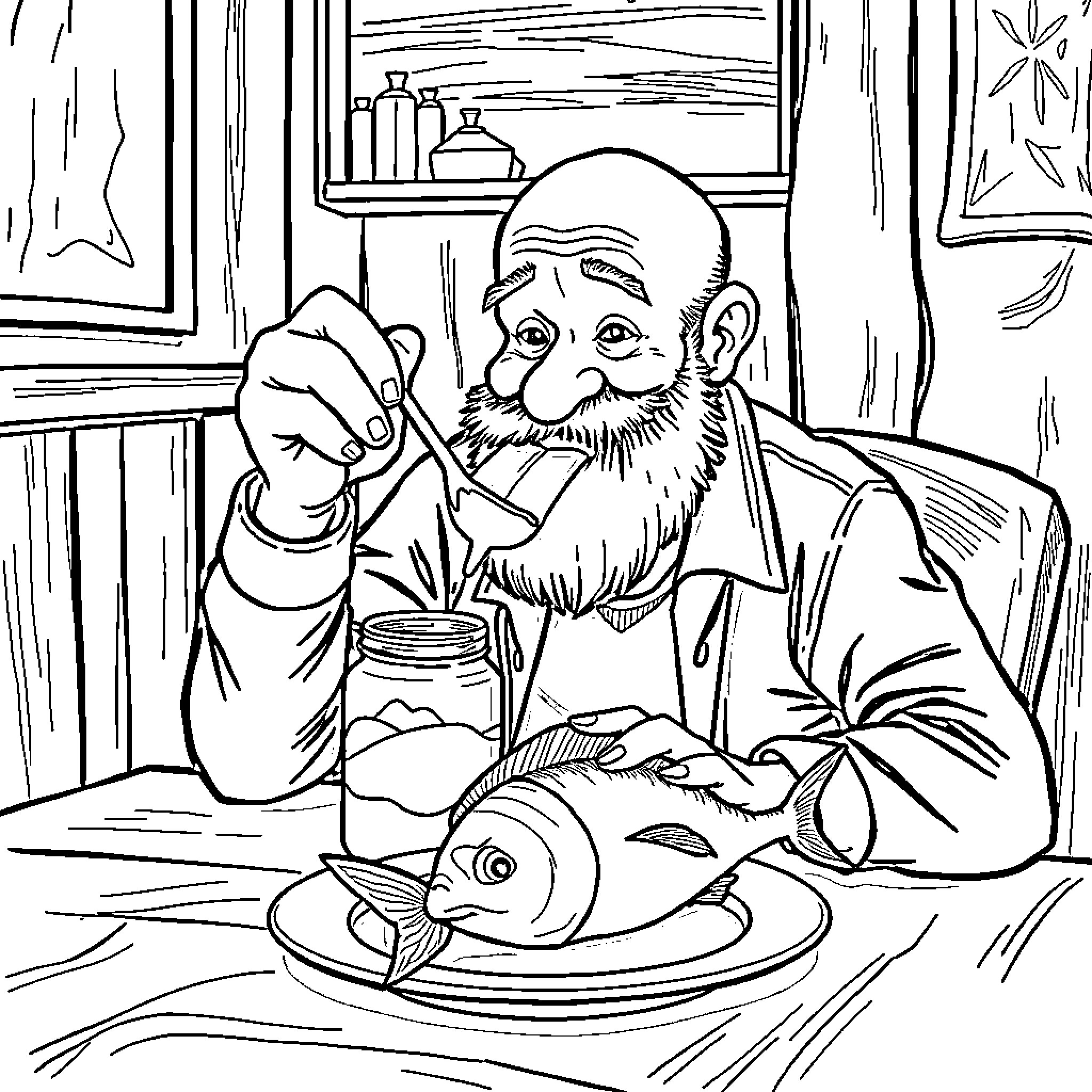 Man enjoying a meal in a cozy interior setting Coloring Page (free black-and-white line drawing printable PDF for all, from beginners to advanced learners, including children, teens, adults, and seniors)