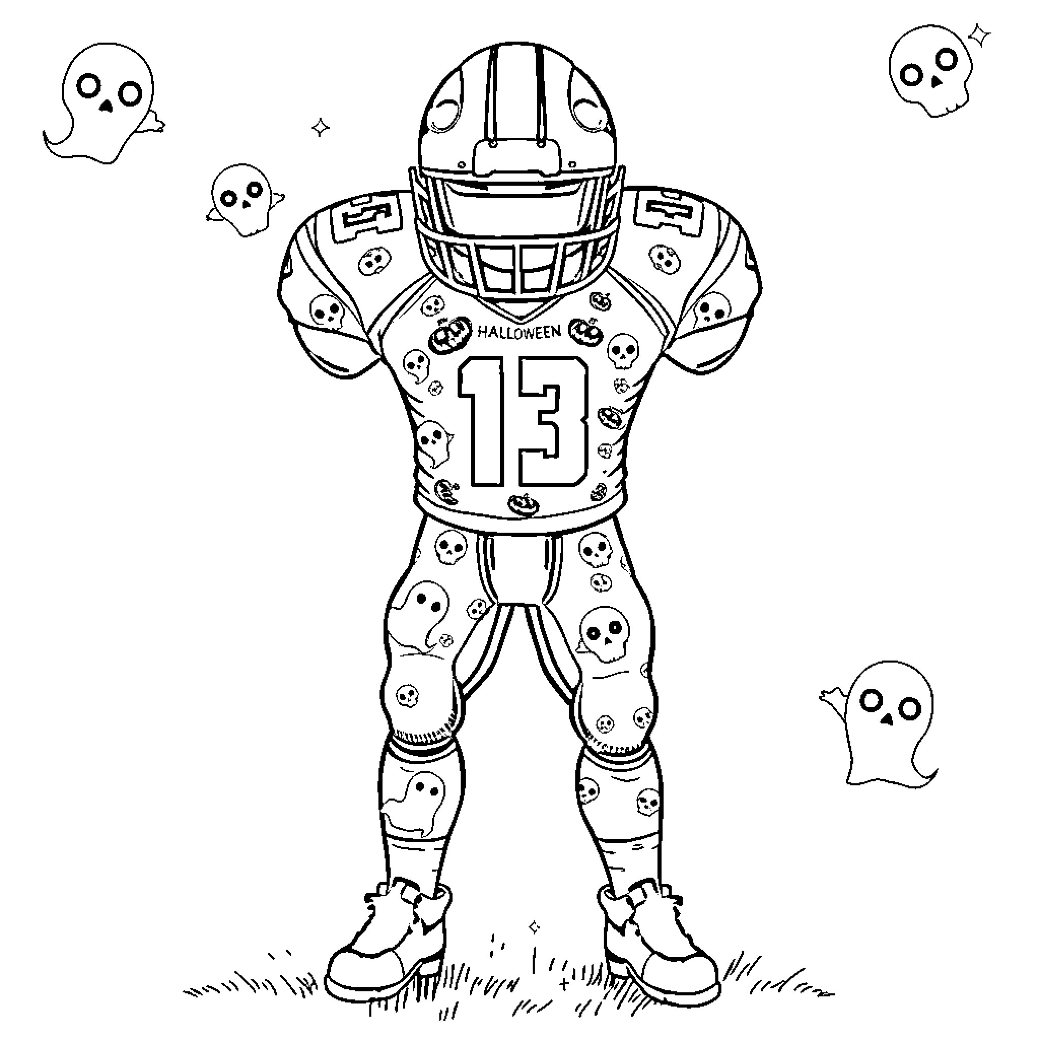 Football player in spooky uniform with ghostly accessories Coloring Page (free black-and-white line drawing printable PDF for all, from beginners to advanced learners, including children, teens, adults, and seniors)