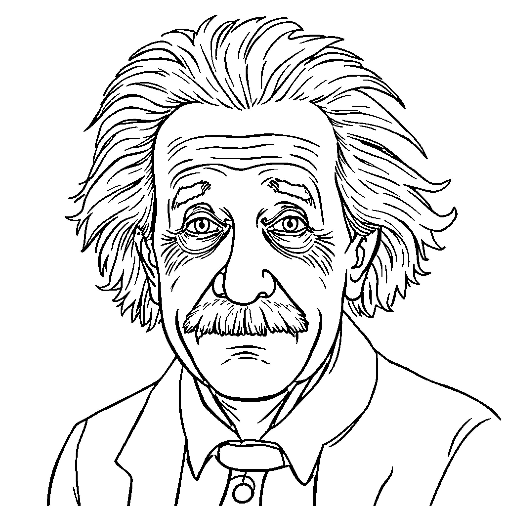 Einstein's Contemplative Expression Coloring Page (free black-and-white line drawing printable PDF for all, from beginners to advanced learners, including children, teens, adults, and seniors)