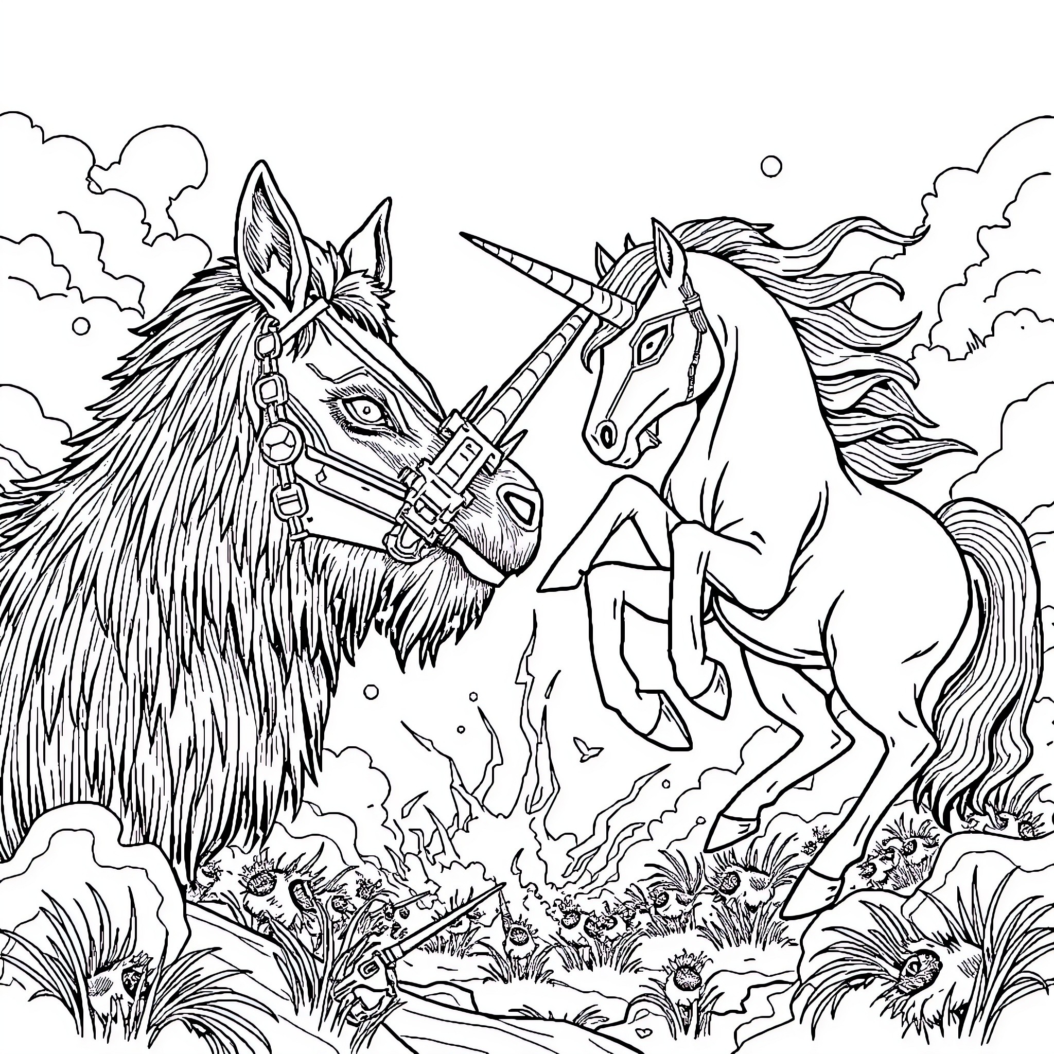 Capybara and Unicorn Encounter in a Fantastical Landscape Coloring Page (free black-and-white line drawing printable PDF for all, from beginners to advanced learners, including children, teens, adults, and seniors)