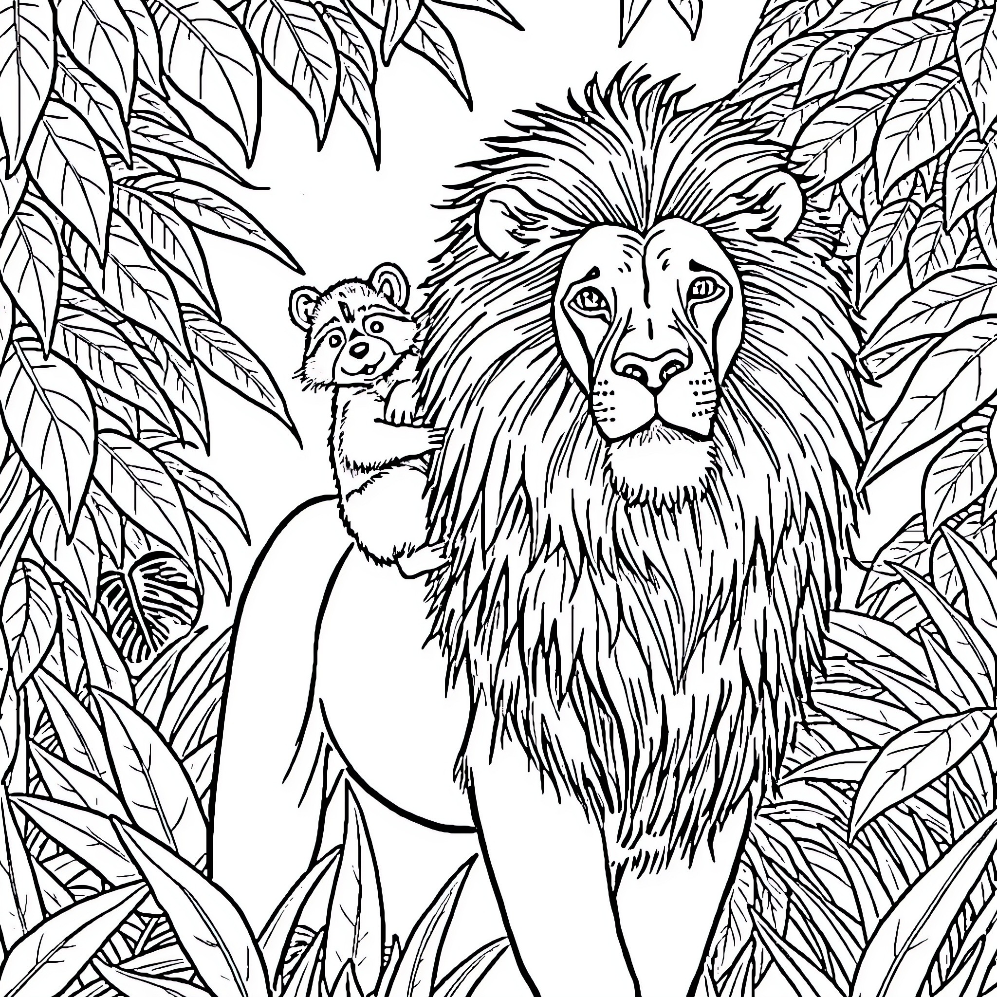 Raccoon and lion in dense jungle foliage Coloring Page (free black-and-white line drawing printable PDF for all, from beginners to advanced learners, including children, teens, adults, and seniors)
