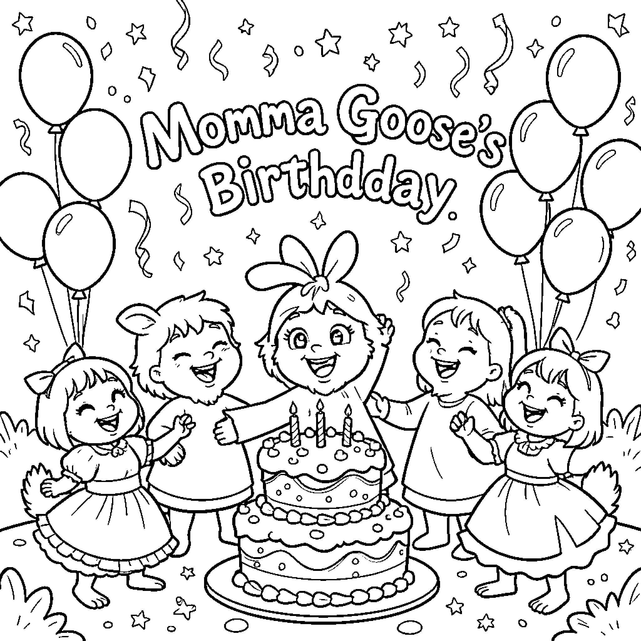Goose family celebrating birthday party Coloring Page (free black-and-white line drawing printable PDF for all, from beginners to advanced learners, including children, teens, adults, and seniors)