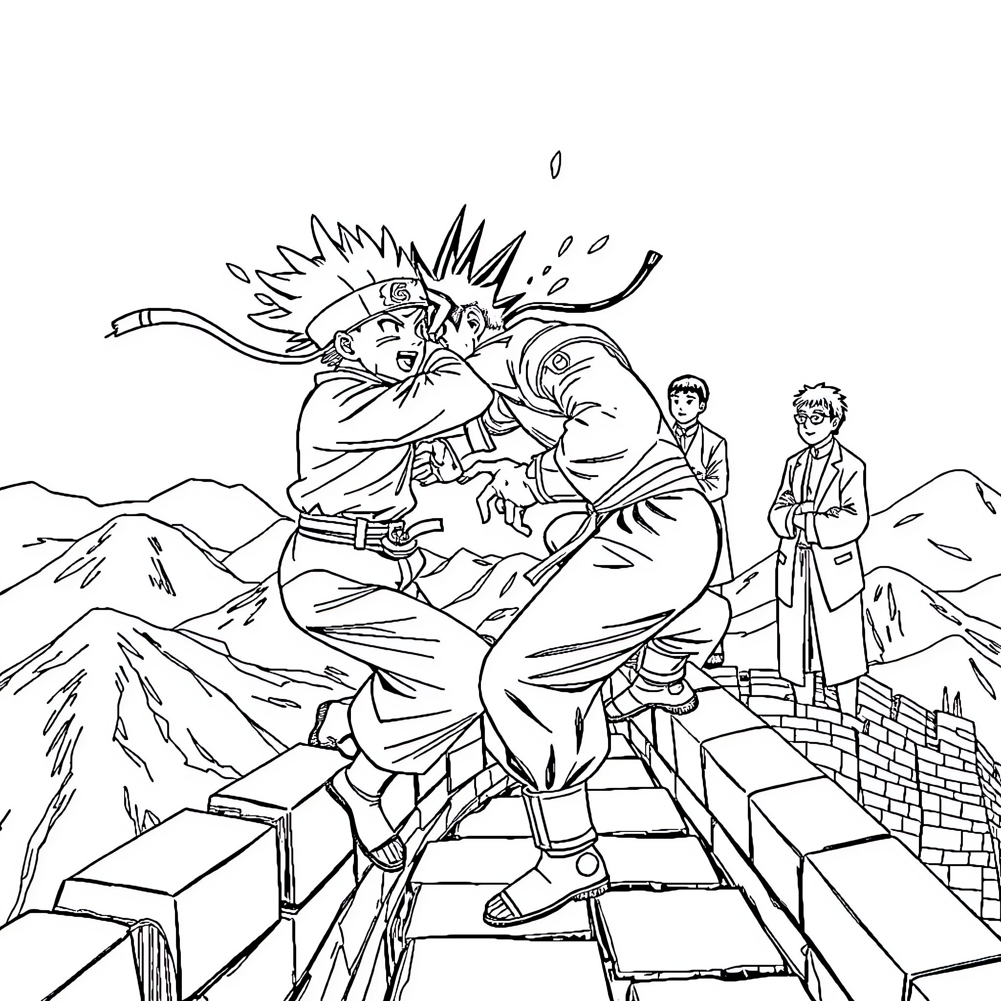 Naruto characters in epic battle scene Coloring Page (free black-and-white line drawing printable PDF for all, from beginners to advanced learners, including children, teens, adults, and seniors)